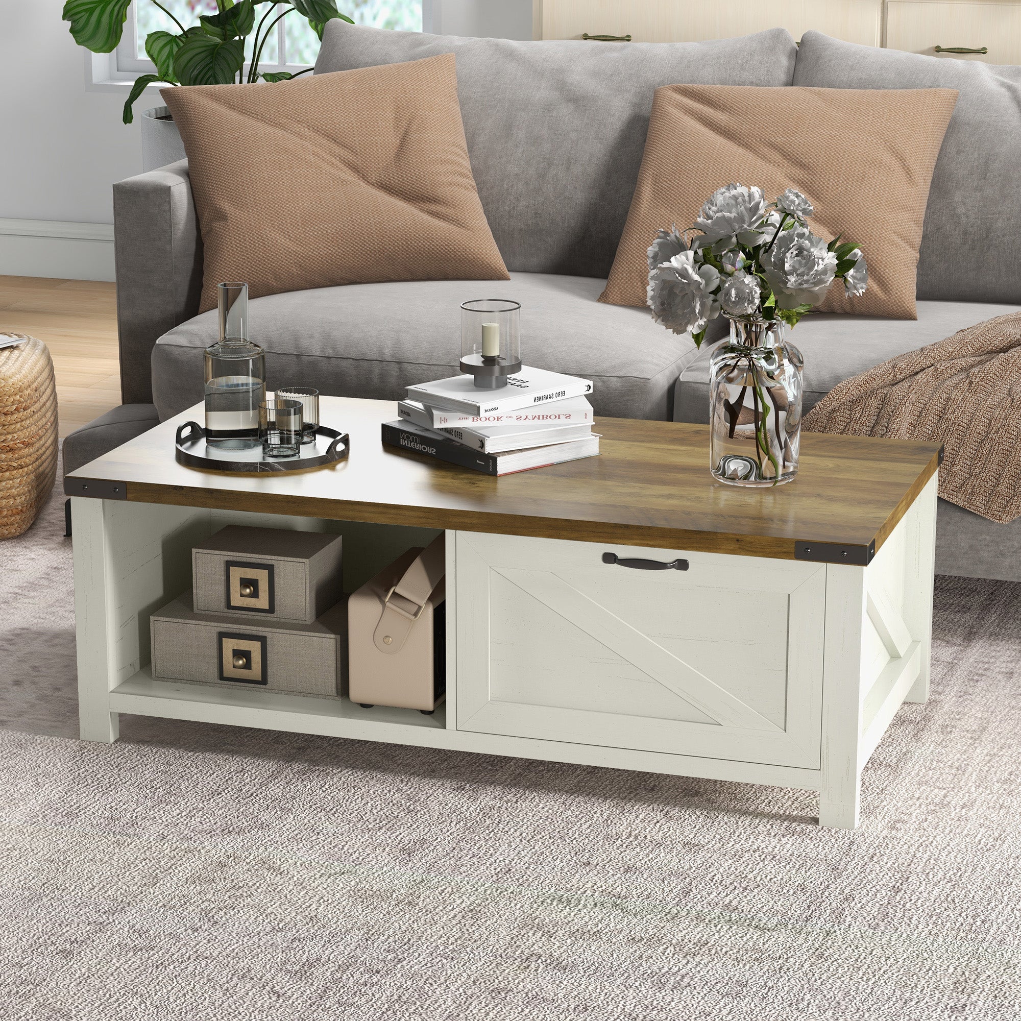 HOMCOM Farmhouse Coffee Table with Drawer and Storage Shelf, Rustic Center Table for Living Room, White