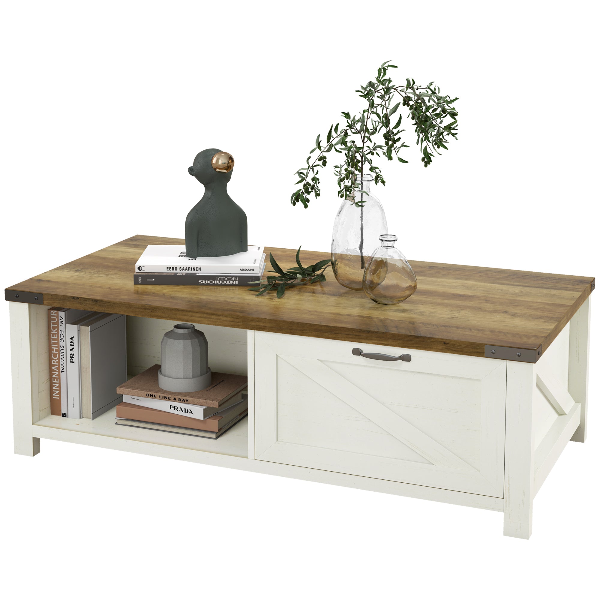 HOMCOM Farmhouse Coffee Table with Drawer and Storage Shelf, Rustic Center Table for Living Room, White