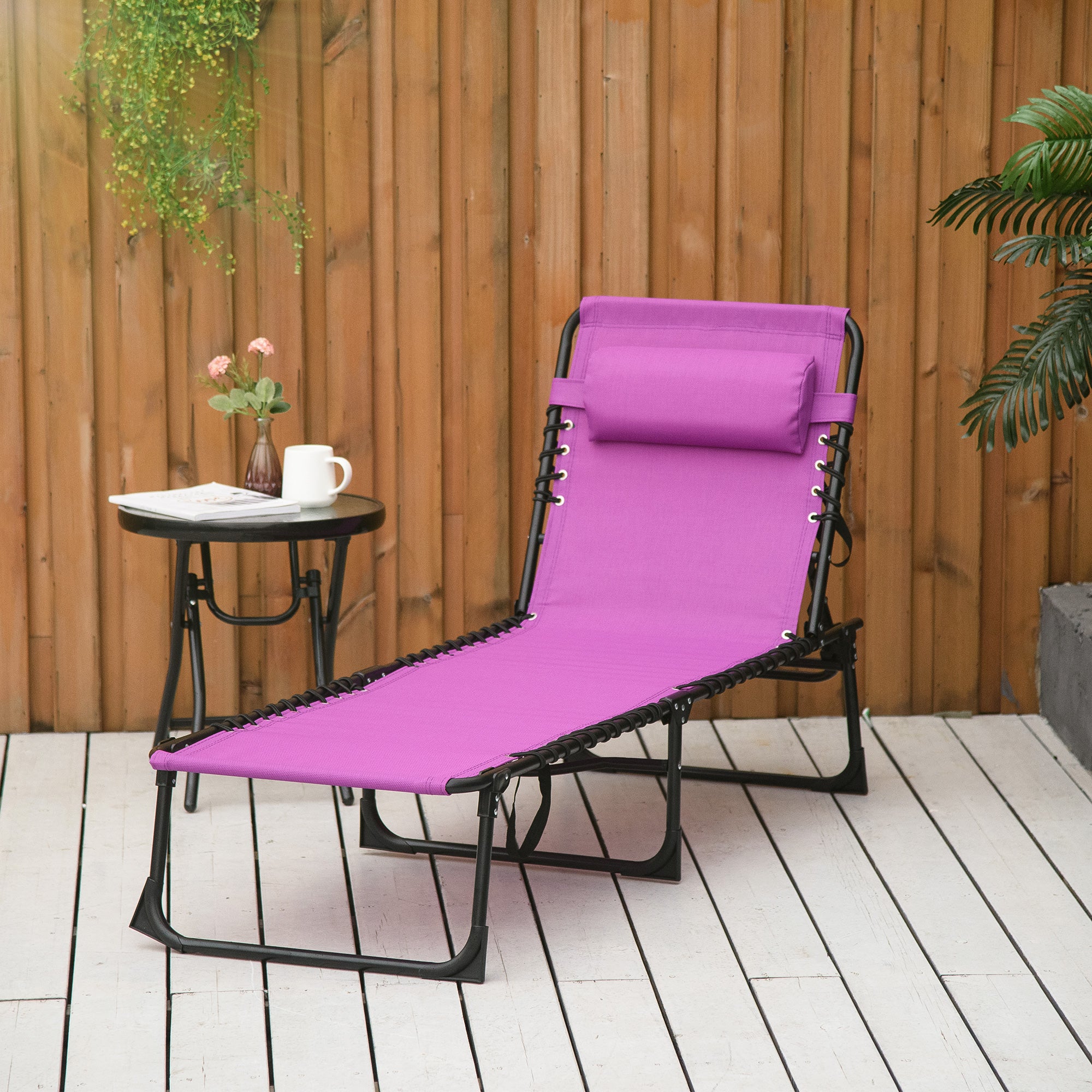 Outsunny Outdoor Folding Lounge Chair, 4-Level Adjustable Chaise Lounge with Headrest, Tanning Chair Beach Bed, Reclining Lounger Cot for Camping, Hiking, Backyard, Purple