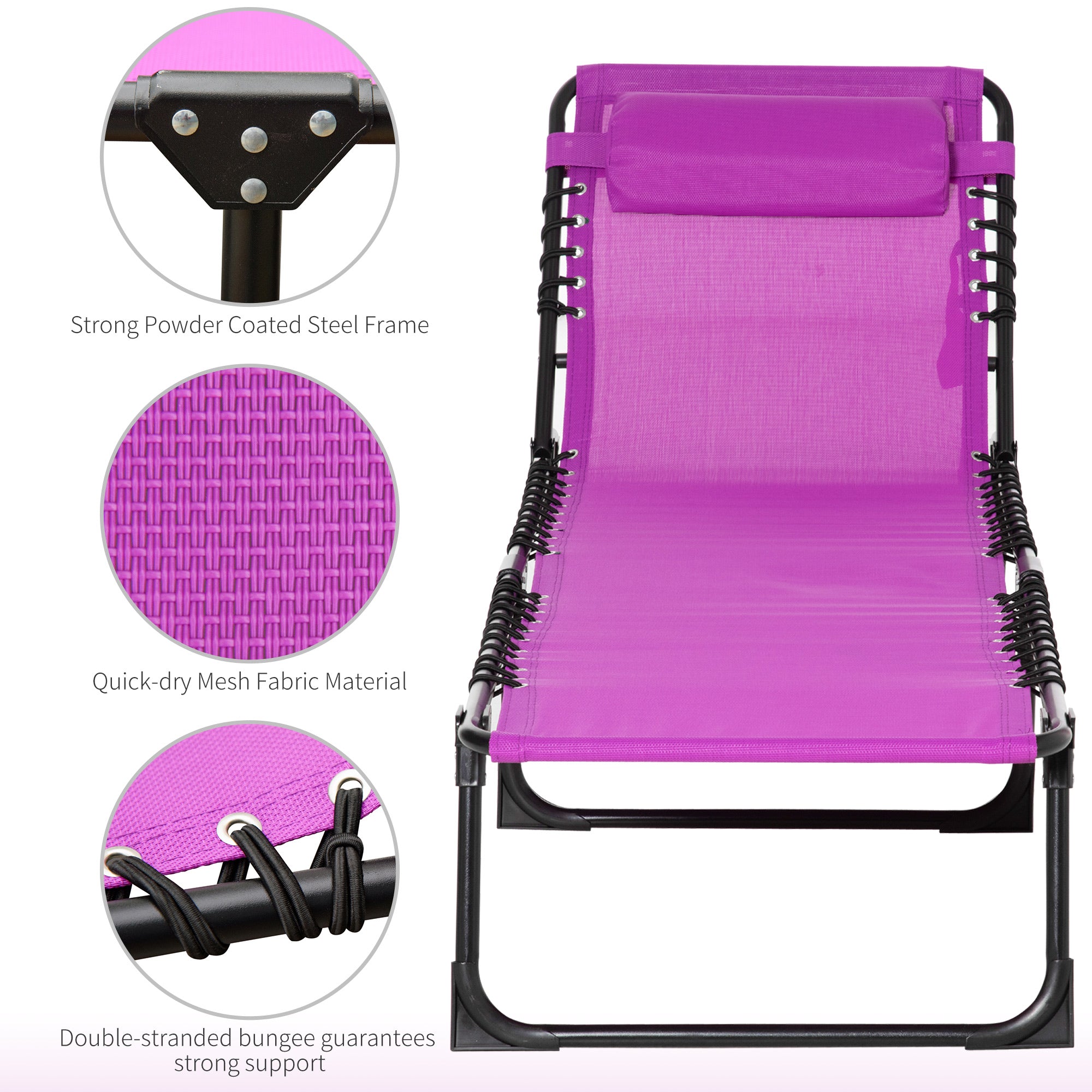 Outsunny Outdoor Folding Lounge Chair, 4-Level Adjustable Chaise Lounge with Headrest, Tanning Chair Beach Bed, Reclining Lounger Cot for Camping, Hiking, Backyard, Purple