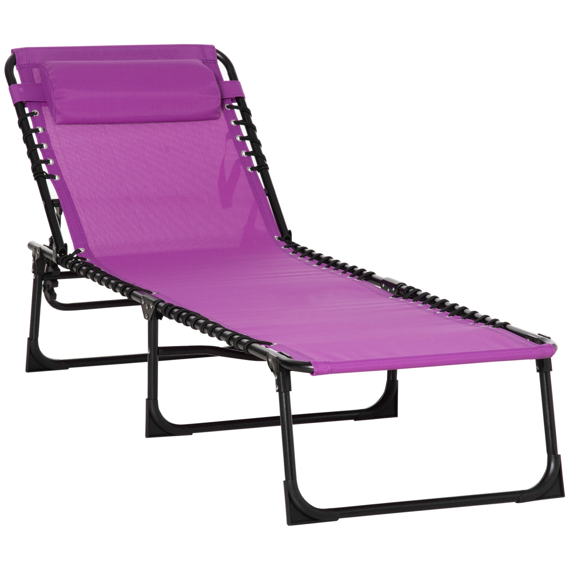 Outsunny Outdoor Folding Lounge Chair, 4-Level Adjustable Chaise Lounge with Headrest, Tanning Chair Beach Bed, Reclining Lounger Cot for Camping, Hiking, Backyard, Purple