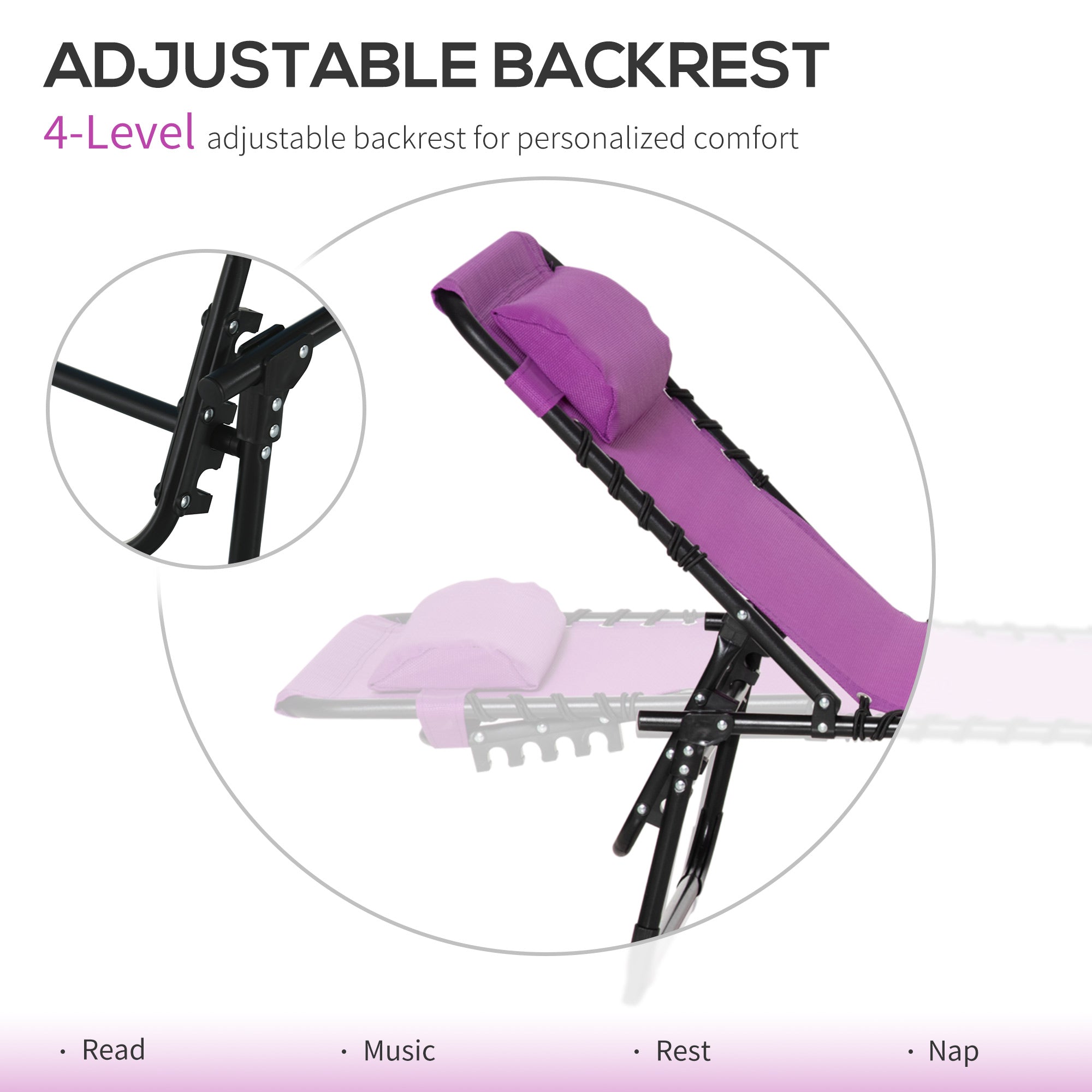 Outsunny Outdoor Folding Lounge Chair, 4-Level Adjustable Chaise Lounge with Headrest, Tanning Chair Beach Bed, Reclining Lounger Cot for Camping, Hiking, Backyard, Purple