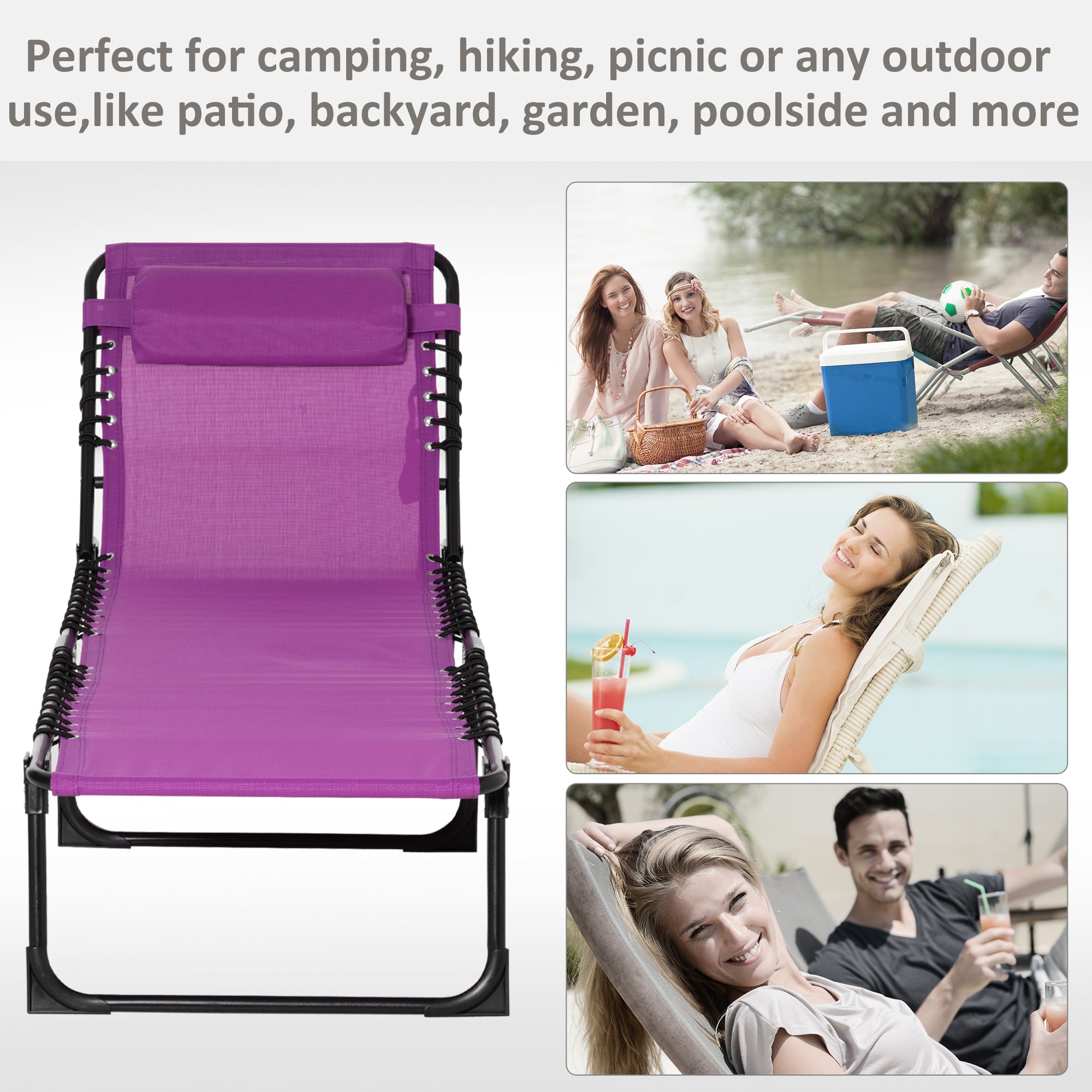 Outsunny Outdoor Folding Lounge Chair, 4-Level Adjustable Chaise Lounge with Headrest, Tanning Chair Beach Bed, Reclining Lounger Cot for Camping, Hiking, Backyard, Purple