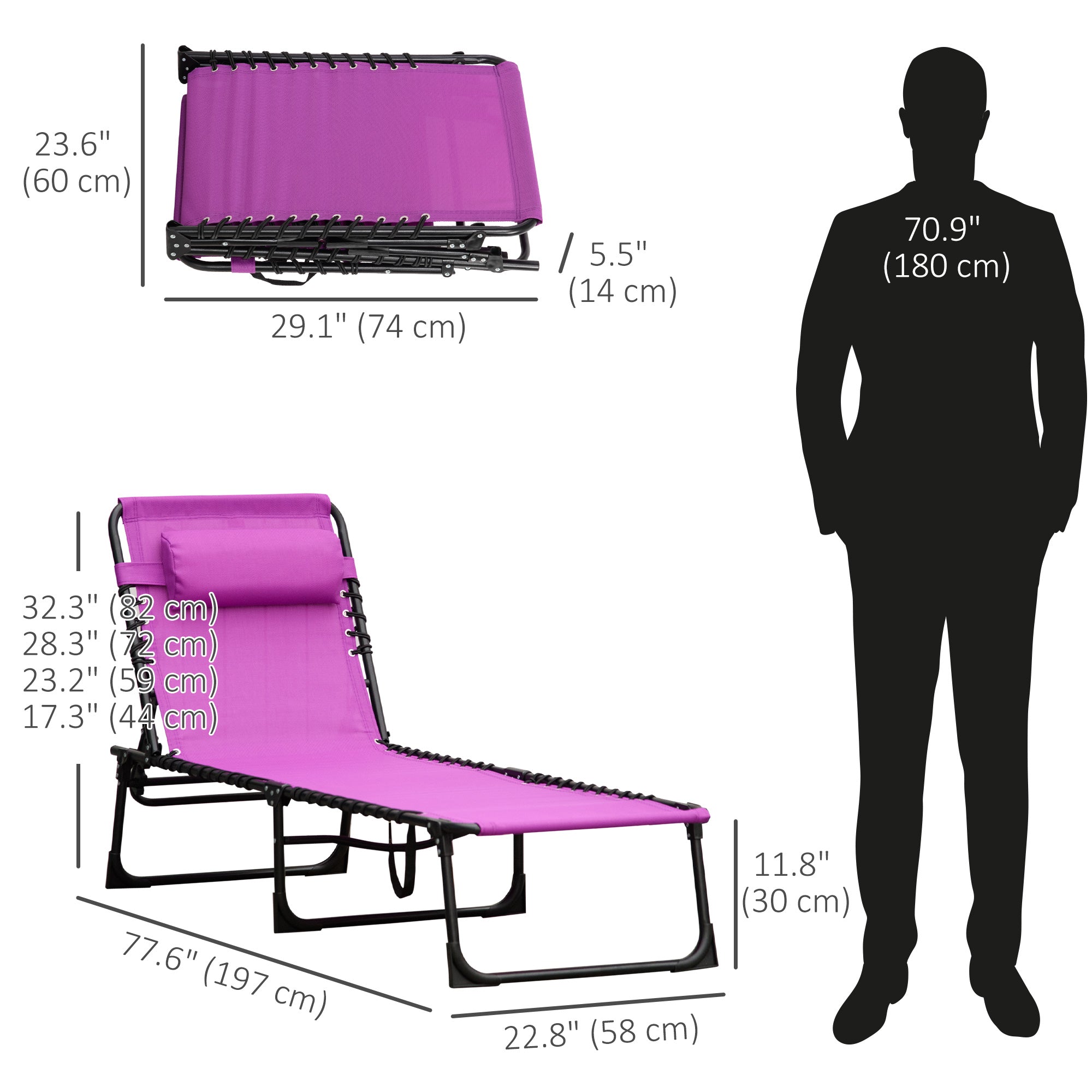 Outsunny Outdoor Folding Lounge Chair, 4-Level Adjustable Chaise Lounge with Headrest, Tanning Chair Beach Bed, Reclining Lounger Cot for Camping, Hiking, Backyard, Purple
