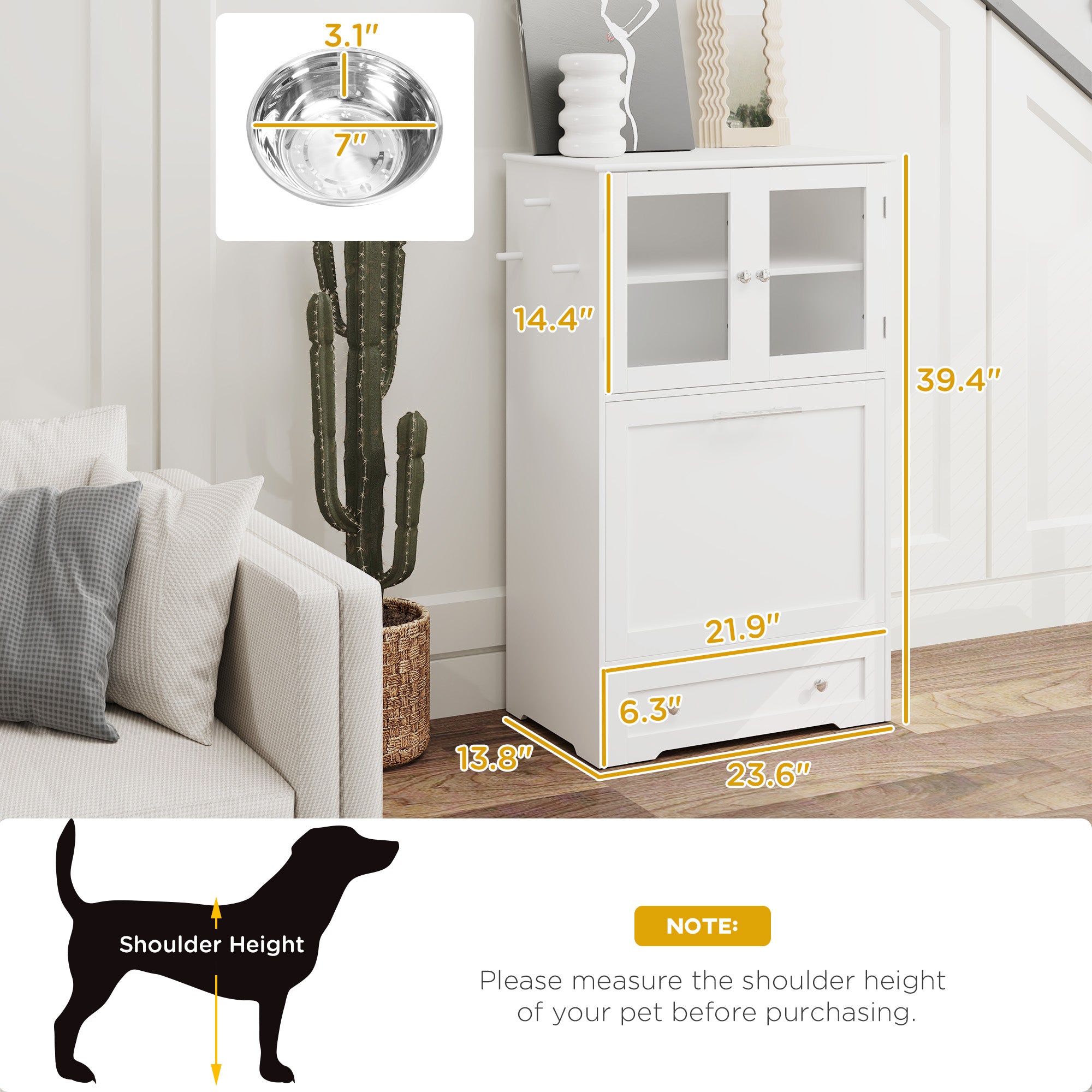 PawHut Dog Feeding Station with 2 Storage Cabinets, Pet Feeding Station with 2 Elevated Dog Bowls, Side Hooks, Anti-tip Kit, Hidden Pet Feeder Station for Feeding & Watering, White