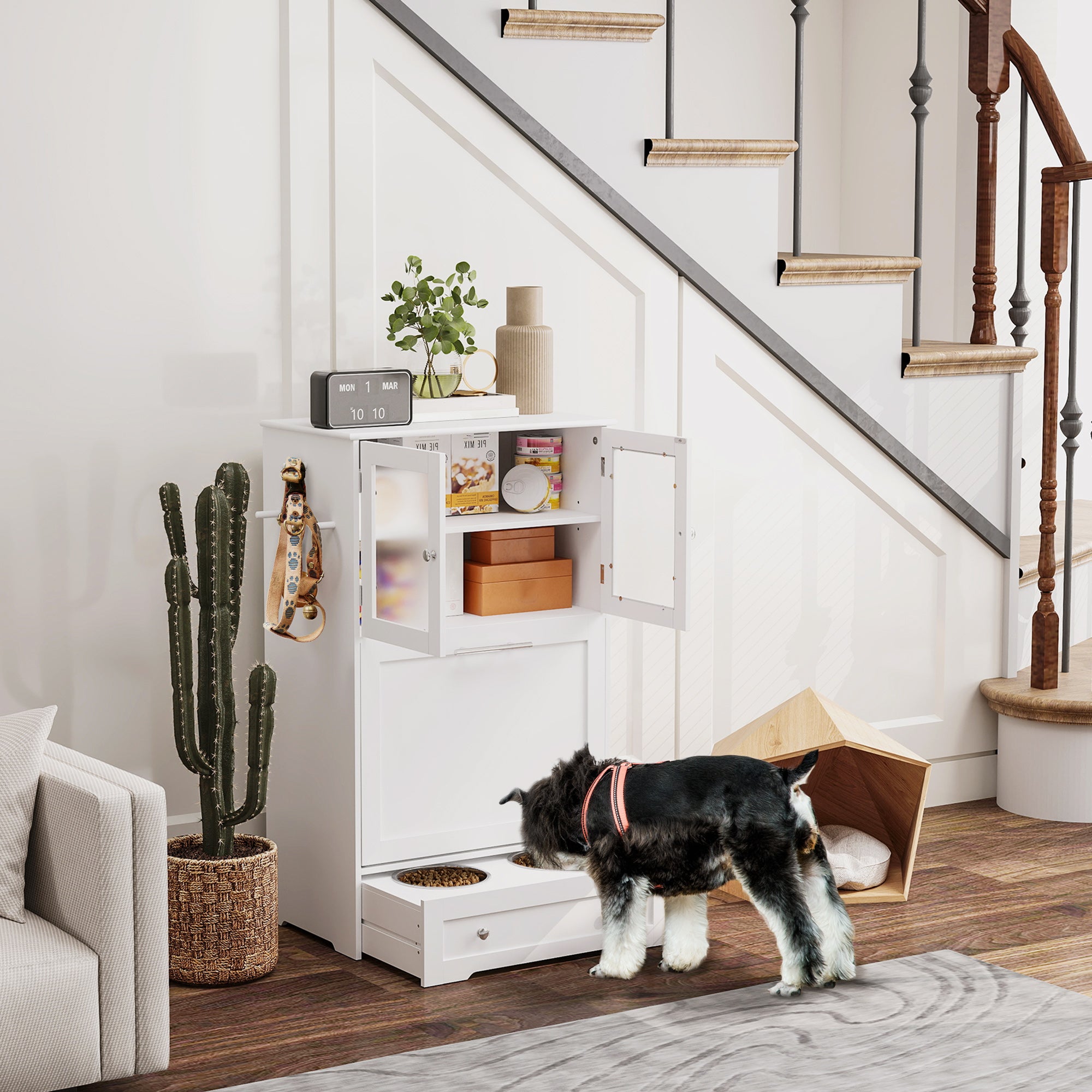 PawHut Dog Feeding Station with 2 Storage Cabinets, Dog Food Storage Cabinet with 2 Raised Dog Bowls, Side Hooks, Anti-tip Kit for Water and Feeding Supplies, White