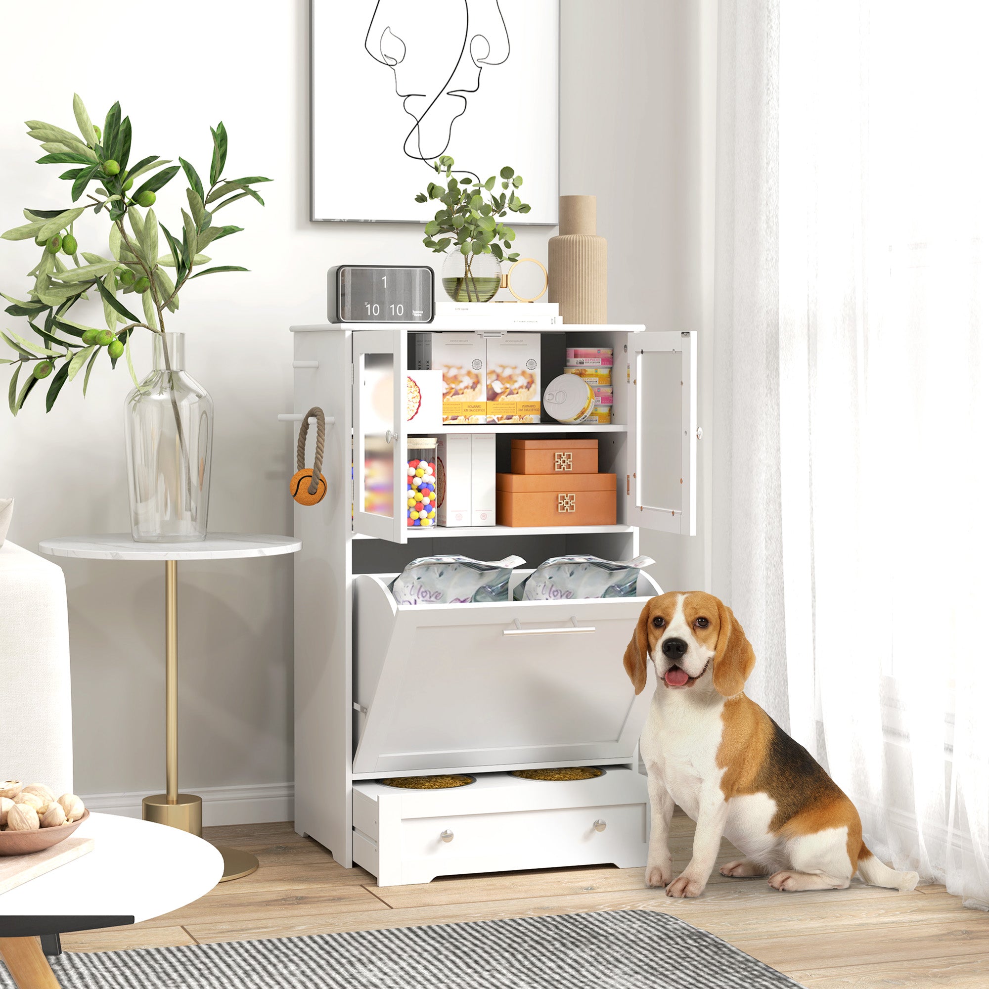 PawHut Dog Feeding Station with 2 Storage Cabinets, Dog Food Storage Cabinet with 2 Raised Dog Bowls, Side Hooks, Anti-tip Kit for Water and Feeding Supplies, White