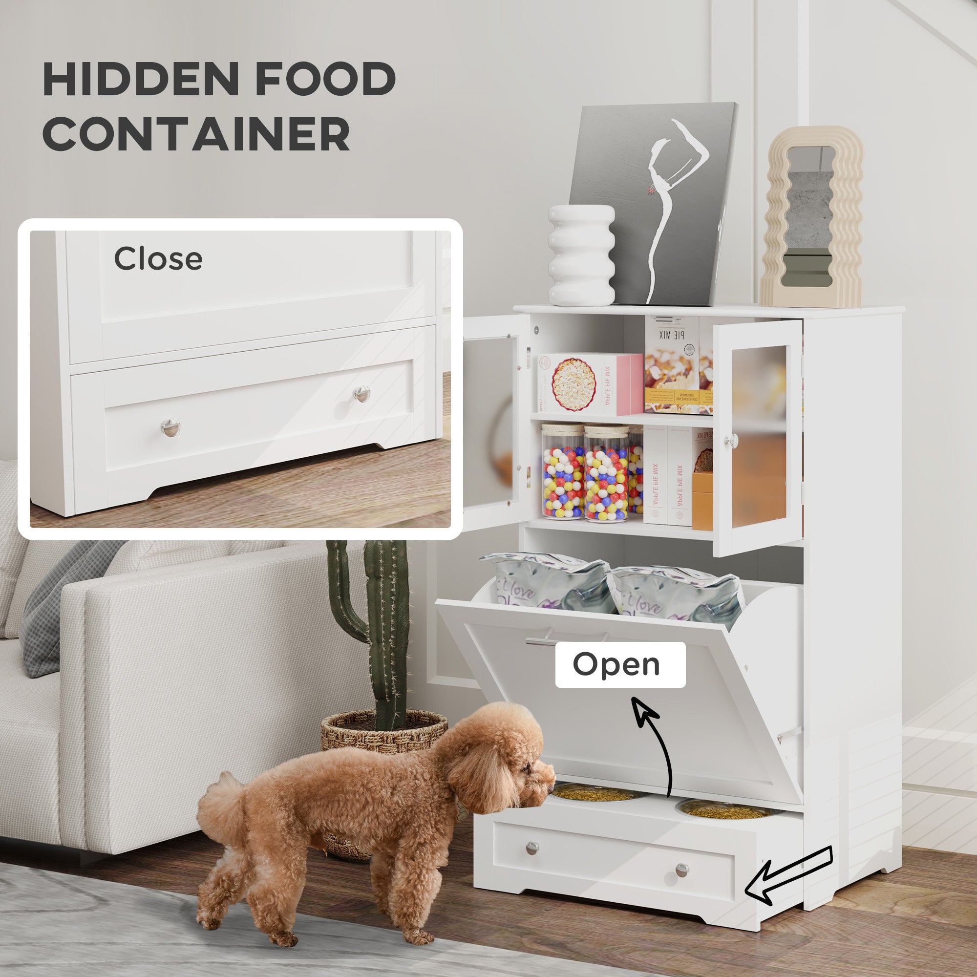 PawHut Dog Feeding Station with 2 Storage Cabinets, Pet Feeding Station with 2 Elevated Dog Bowls, Side Hooks, Anti-tip Kit, Hidden Pet Feeder Station for Feeding & Watering, White