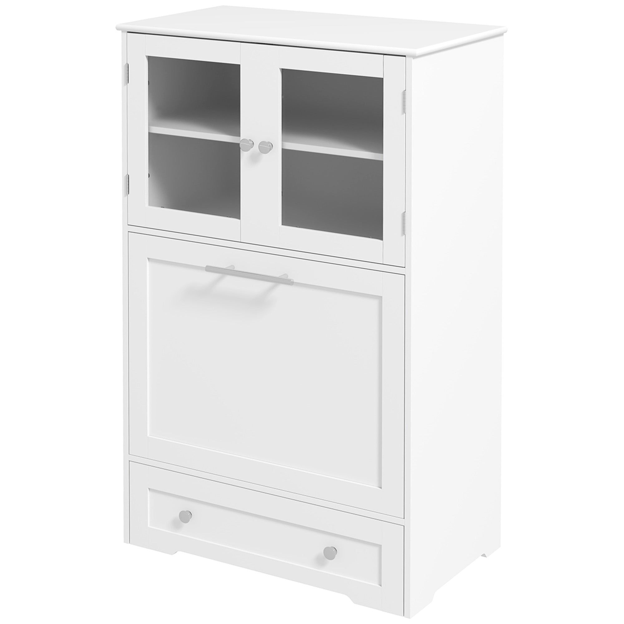 PawHut Dog Feeding Station with 2 Storage Cabinets, Dog Food Storage Cabinet with 2 Raised Dog Bowls, Side Hooks, Anti-tip Kit for Water and Feeding Supplies, White