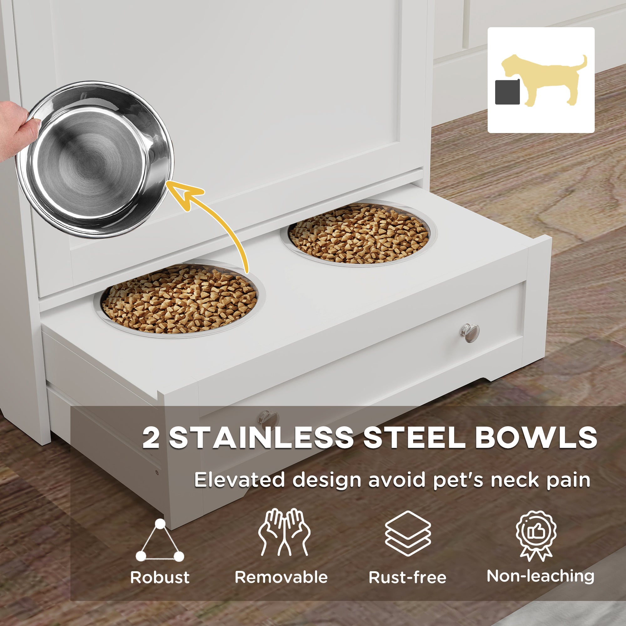 PawHut Dog Feeding Station with 2 Storage Cabinets, Pet Feeding Station with 2 Elevated Dog Bowls, Side Hooks, Anti-tip Kit, Hidden Pet Feeder Station for Feeding & Watering, White