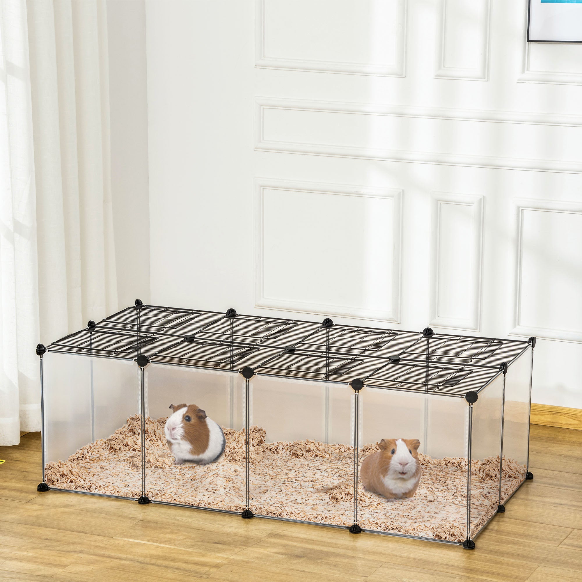 PawHut DIY Pet Playpen with Door Bottom 28 Panels Small Animal Cage for Guinea Pigs, Rabbit, Chinchilla, Transparent