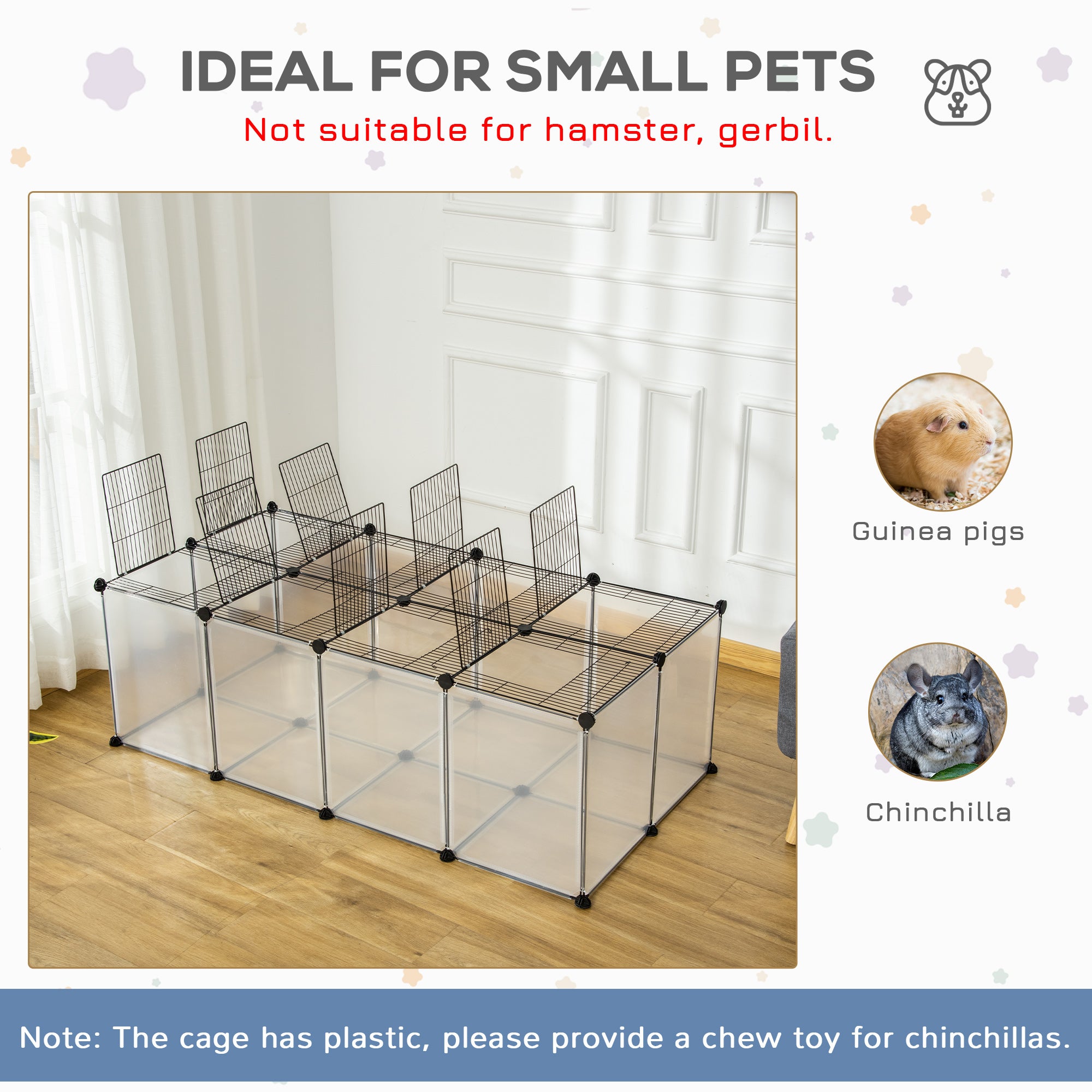 PawHut DIY Pet Playpen with Door Bottom 28 Panels Small Animal Cage for Guinea Pigs, Rabbit, Chinchilla, Transparent