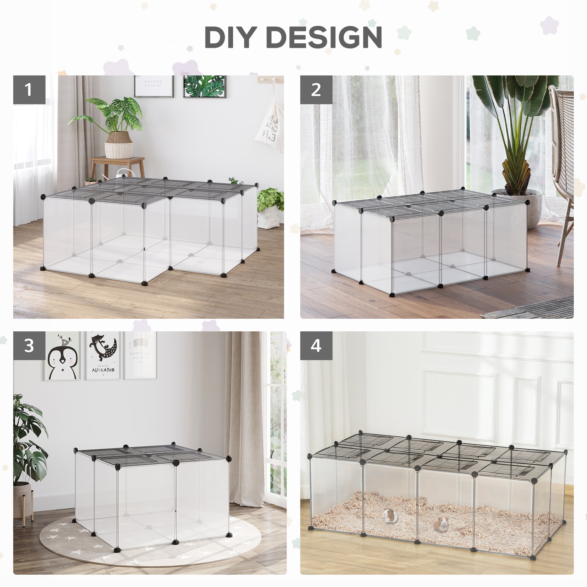 PawHut DIY Pet Playpen with Door Bottom 28 Panels Small Animal Cage for Guinea Pigs, Rabbit, Chinchilla, Transparent