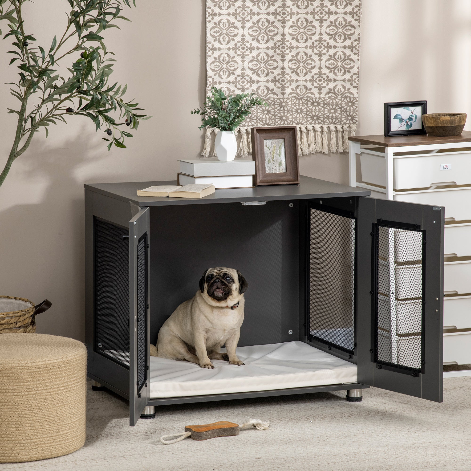 PawHut Dog Crate Furniture with Water-resistant Cushion, Dog Crate End Table with Double Doors, Indoor Pet Crate for Small Medium Dogs Indoor Use, Charcoal Grey