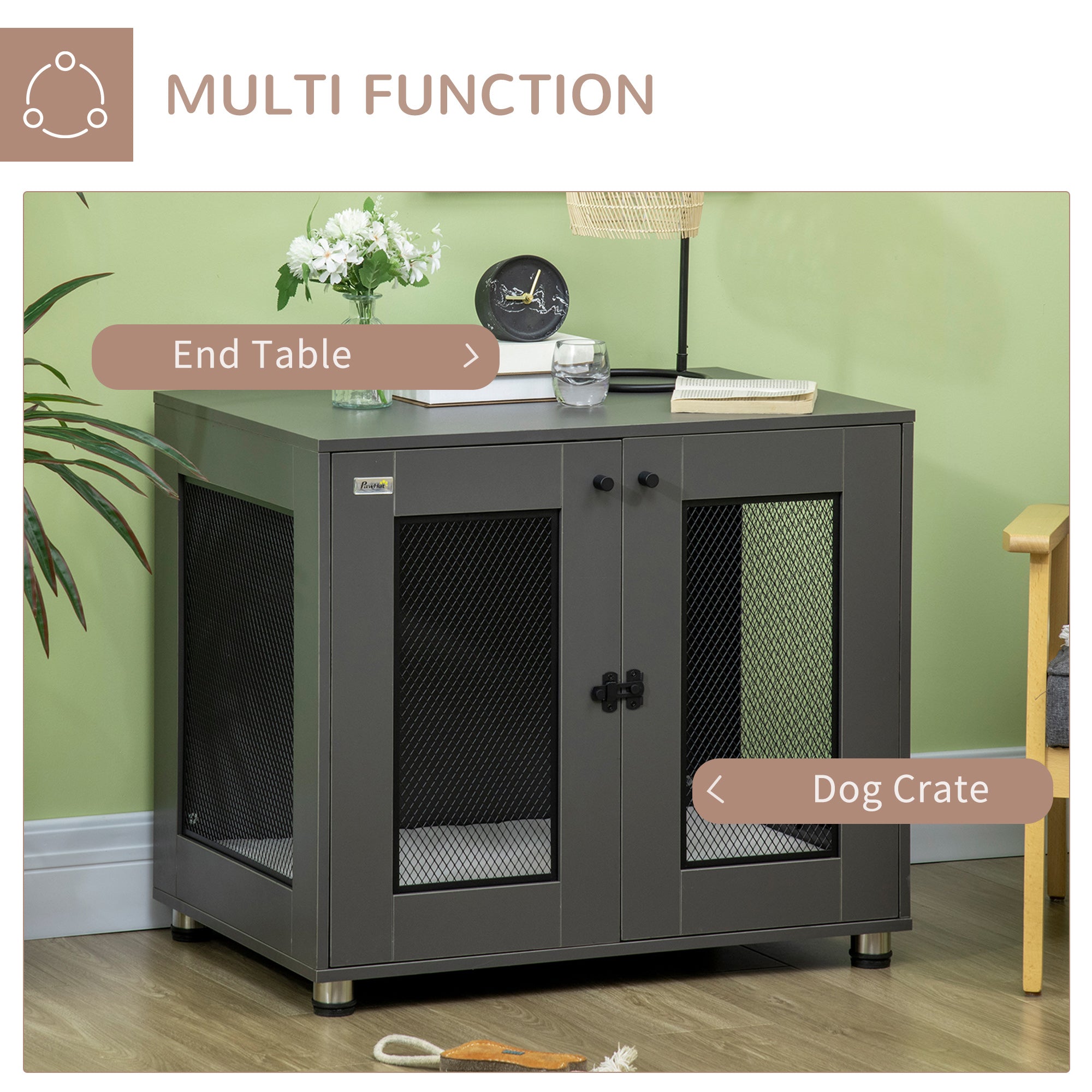 PawHut Dog Crate Furniture with Water-resistant Cushion, Dog Crate End Table with Double Doors, Indoor Pet Crate for Small Medium Dogs Indoor Use, Charcoal Grey