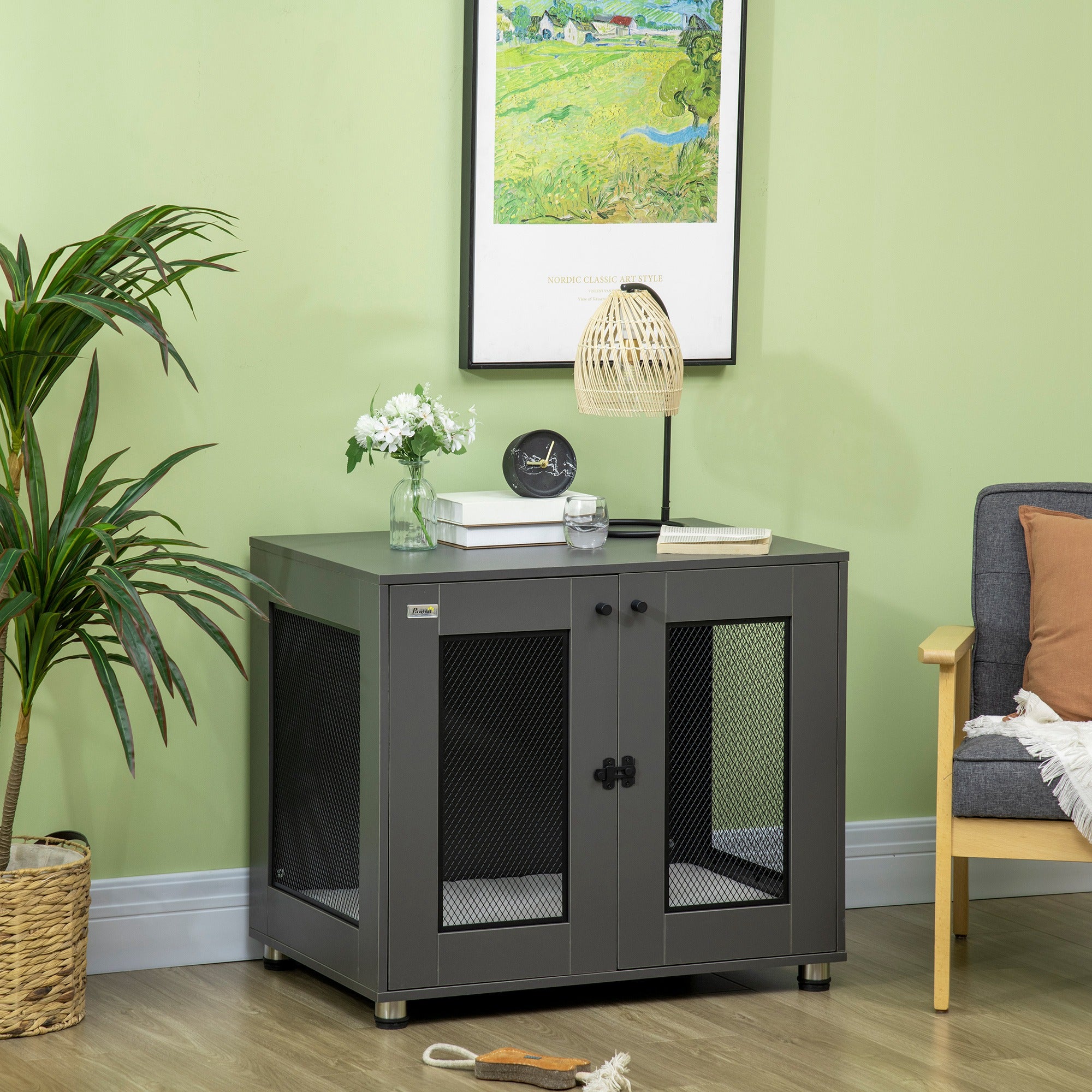 PawHut Dog Crate Furniture with Water-resistant Cushion, Dog Crate End Table with Double Doors, Indoor Pet Crate for Small Medium Dogs Indoor Use, Charcoal Grey