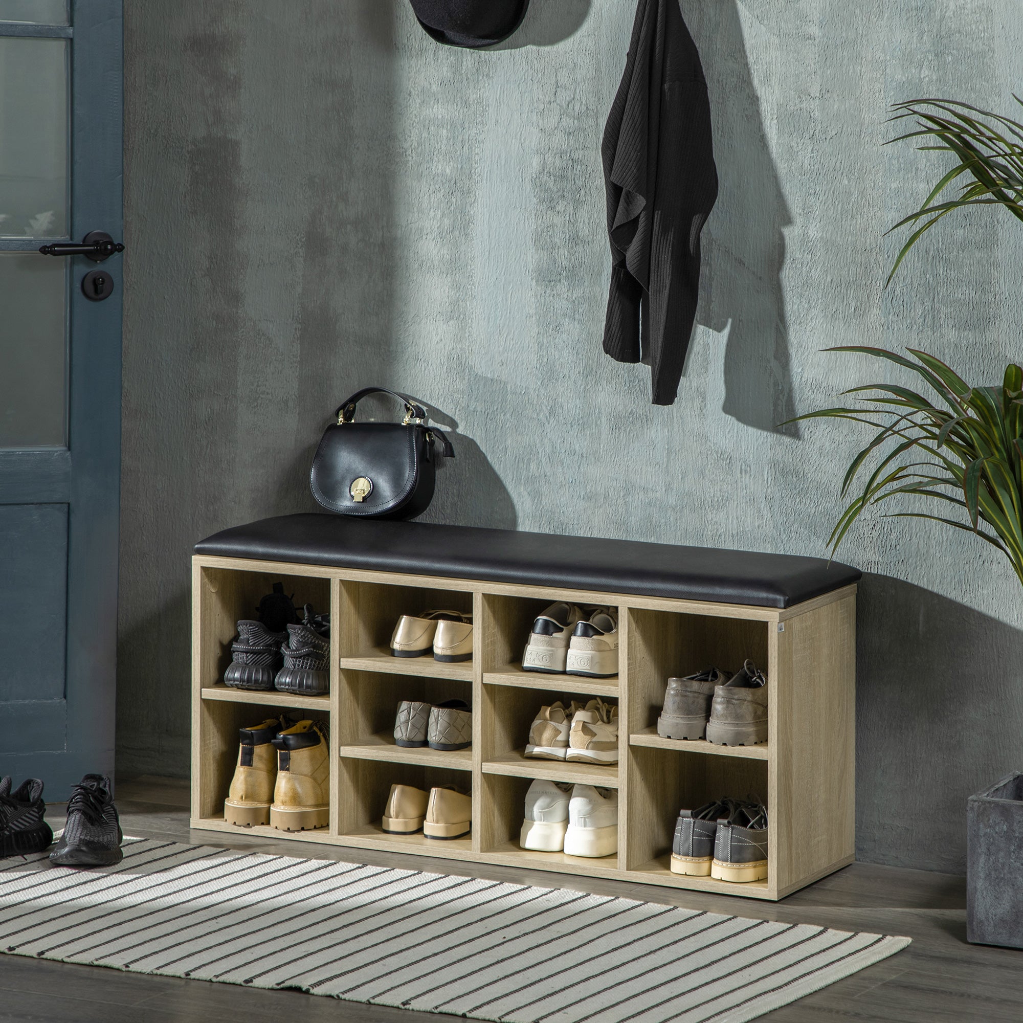 HOMCOM Wooden Shoe Bench with Padded Cushion, Storage Bench with 10 Compartments and Adjustable Shelves, Entryway Organizer for Hallway Living Room