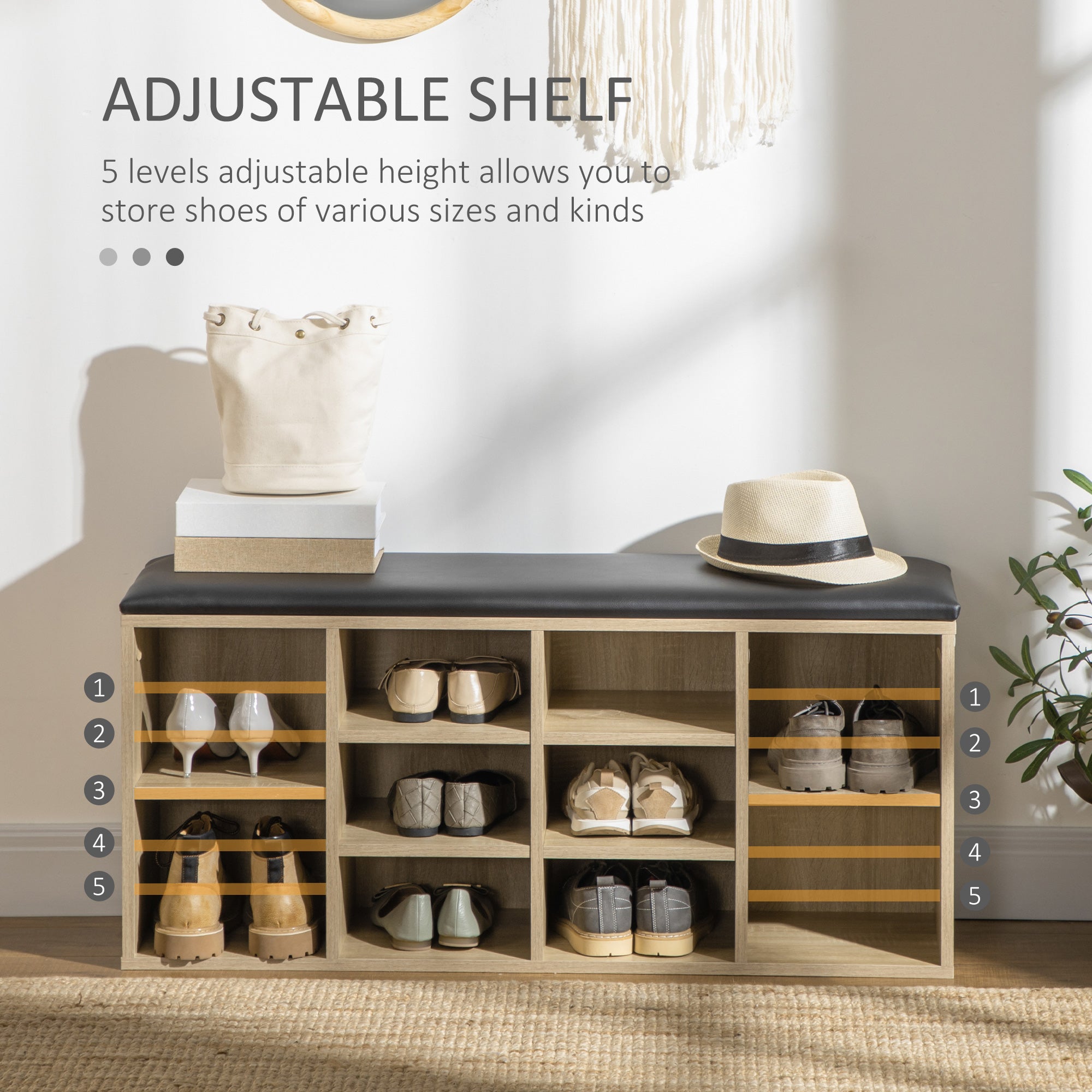 HOMCOM Wooden Shoe Bench with Padded Cushion, Storage Bench with 10 Compartments and Adjustable Shelves, Entryway Organizer for Hallway Living Room