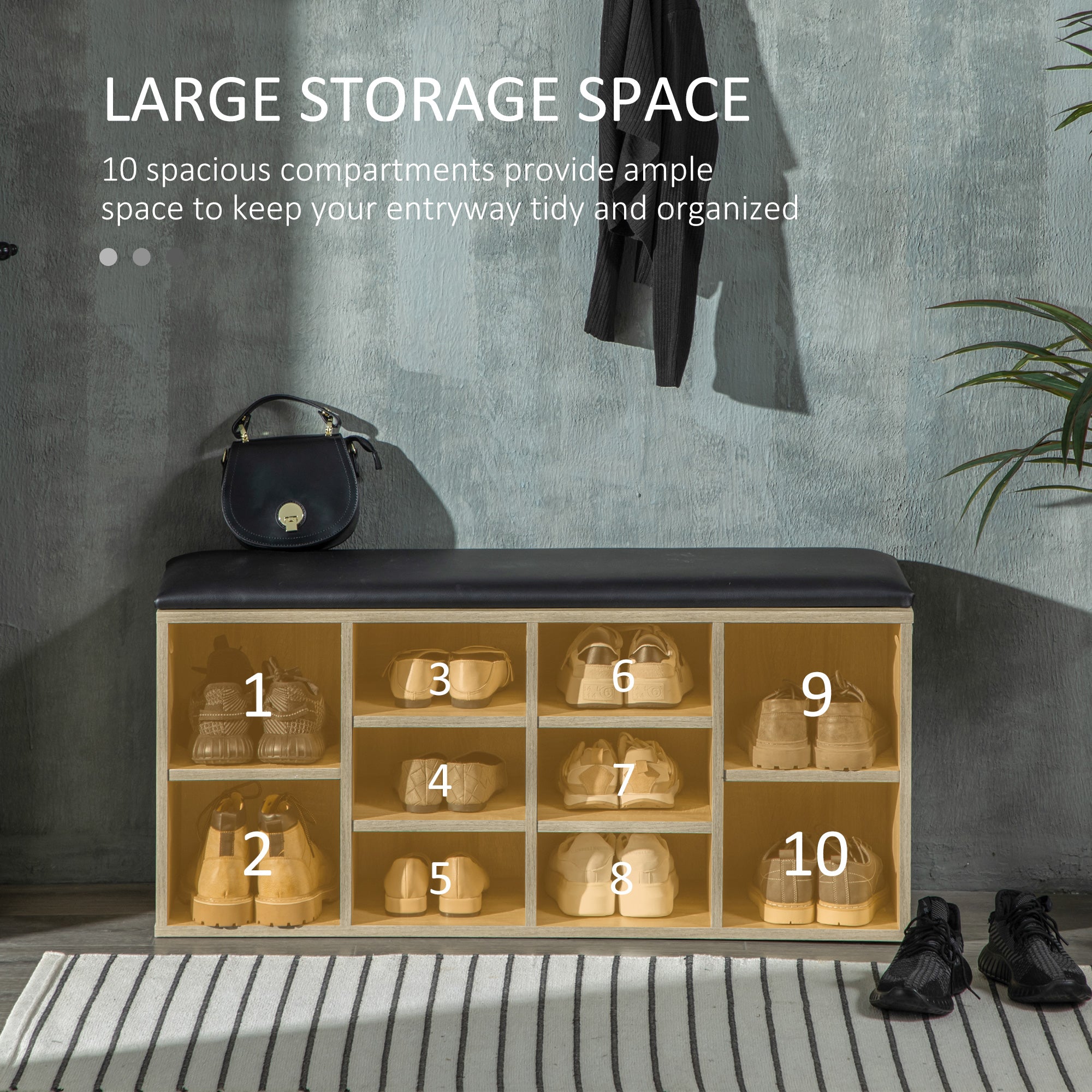 HOMCOM Wooden Shoe Bench with Padded Cushion, Storage Bench with 10 Compartments and Adjustable Shelves, Entryway Organizer for Hallway Living Room