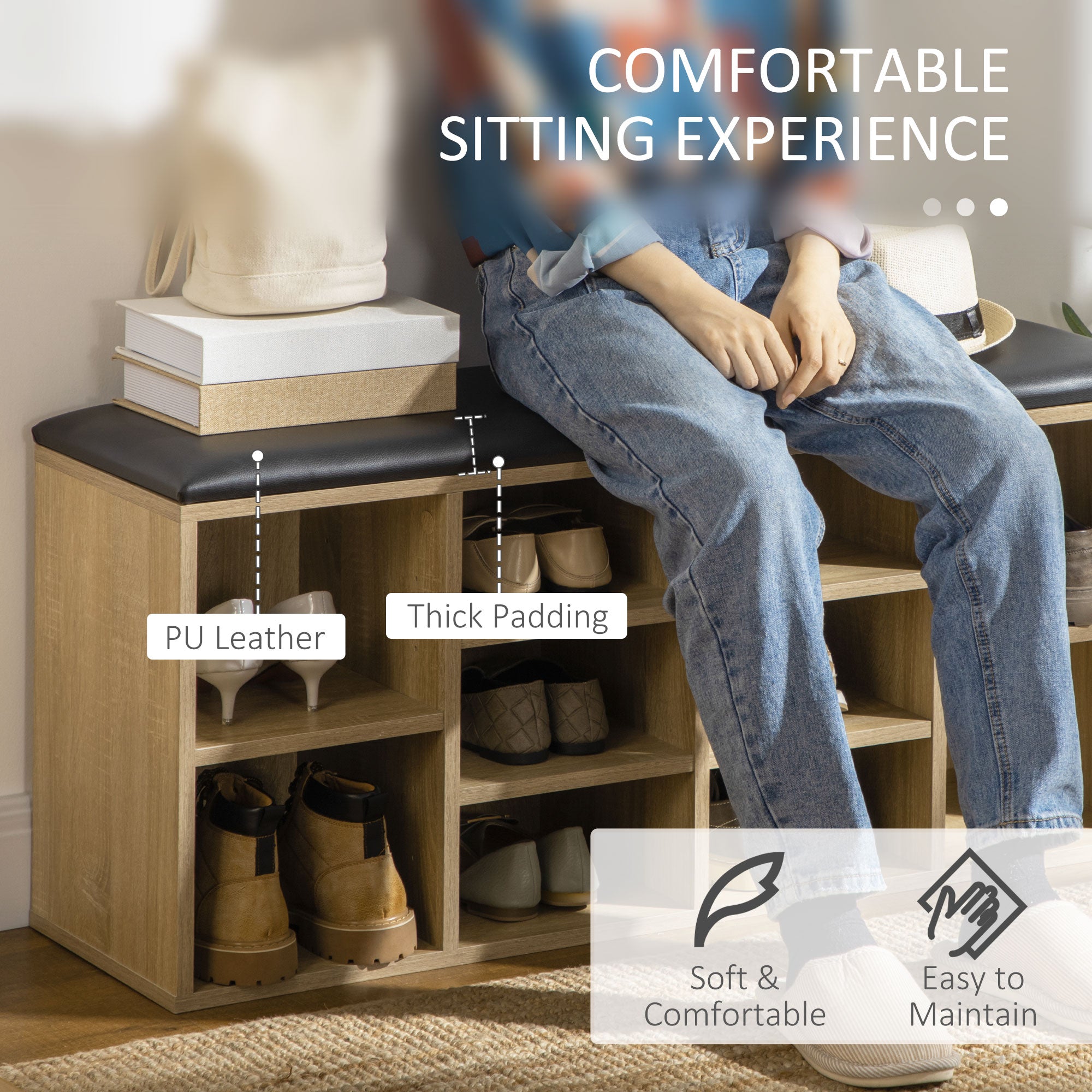 HOMCOM Wooden Shoe Bench with Padded Cushion, Storage Bench with 10 Compartments and Adjustable Shelves, Entryway Organizer for Hallway Living Room