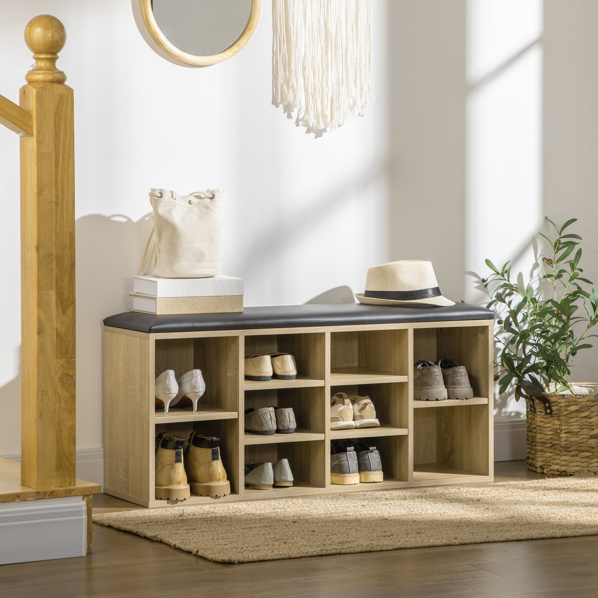 HOMCOM Wooden Shoe Bench with Padded Cushion, Storage Bench with 10 Compartments and Adjustable Shelves, Entryway Organizer for Hallway Living Room