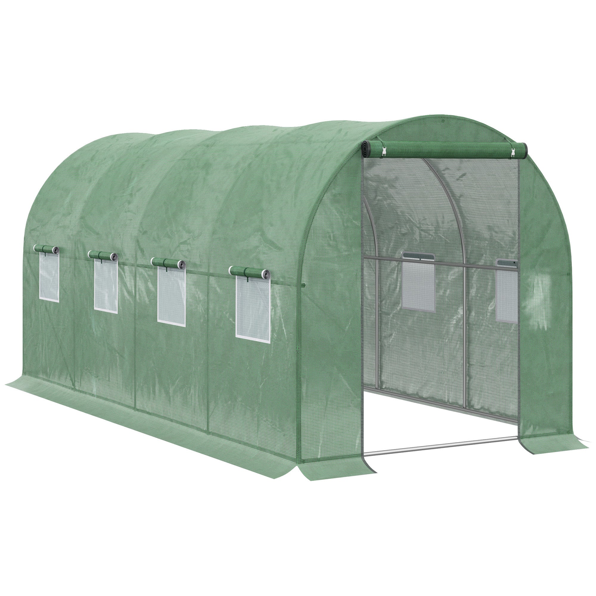 Outsunny Walk-in Tunnel Greenhouse, 13 x 6.4 x 6.5 ft Hoop House with Zipped Roll-Up Door and 8 Mesh Windows, Outdoor Greenhouse with Galvanised Steel Frame, Green
