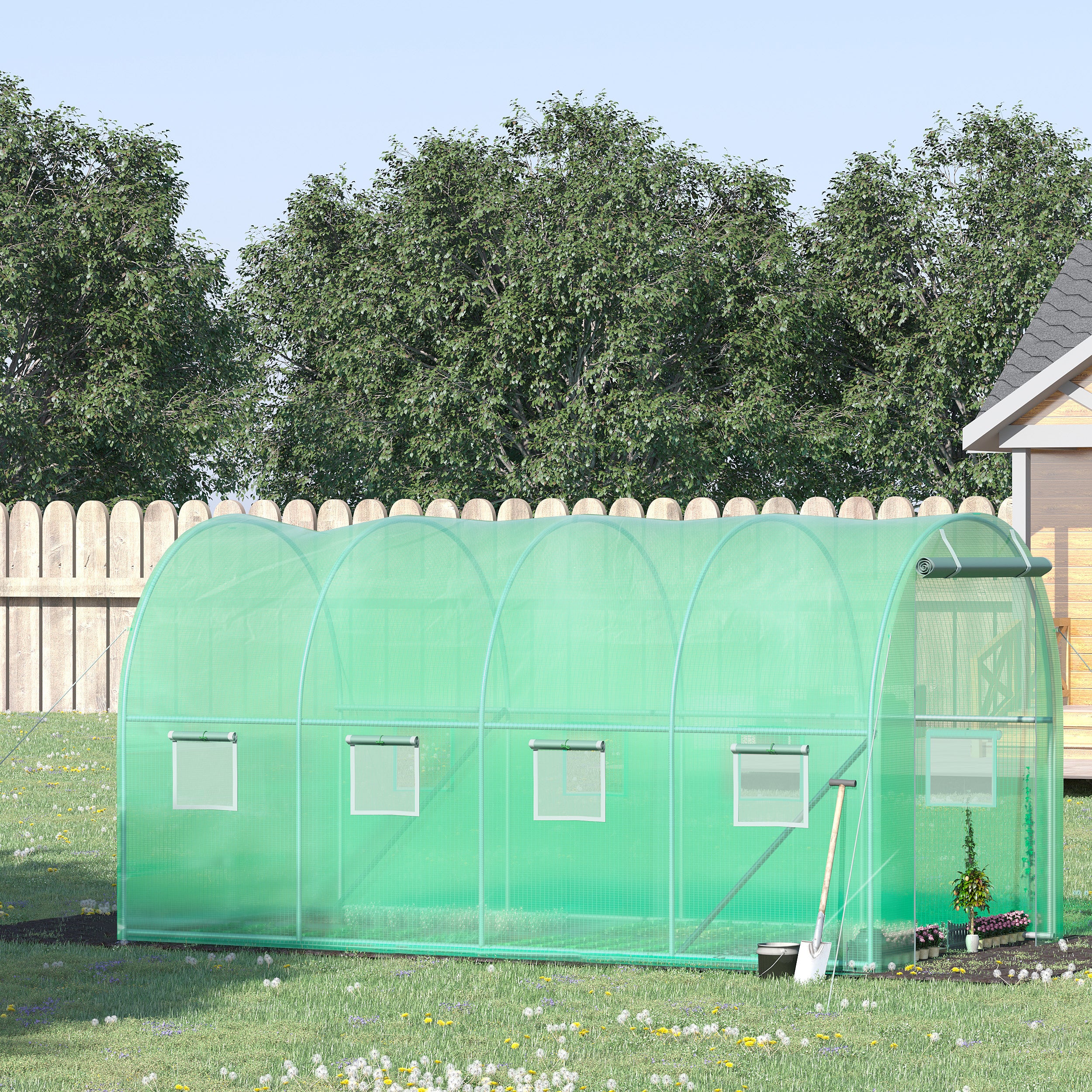 Outsunny Walk-in Tunnel Greenhouse, 13 x 6.4 x 6.5 ft Hoop House with Zipped Roll-Up Door and 8 Mesh Windows, Outdoor Greenhouse with Galvanised Steel Frame, Green