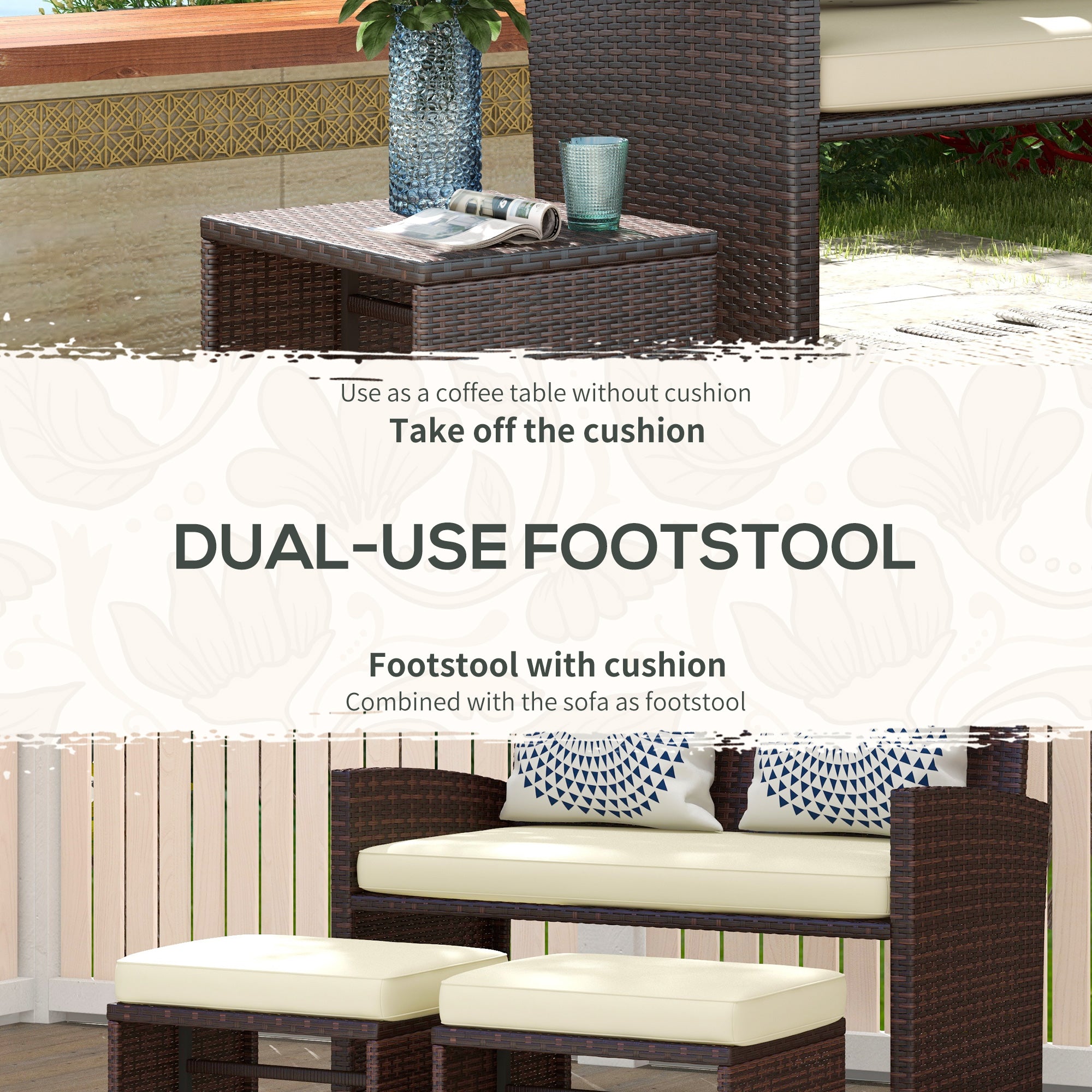 Outsunny 3 Pieces PE Rattan Patio Furniture with Cushions, Outdoor Wicker Conversation Sofa Sets w/ Footstools and Two Pillows, for Poolside, Backyard, Garden, Beige