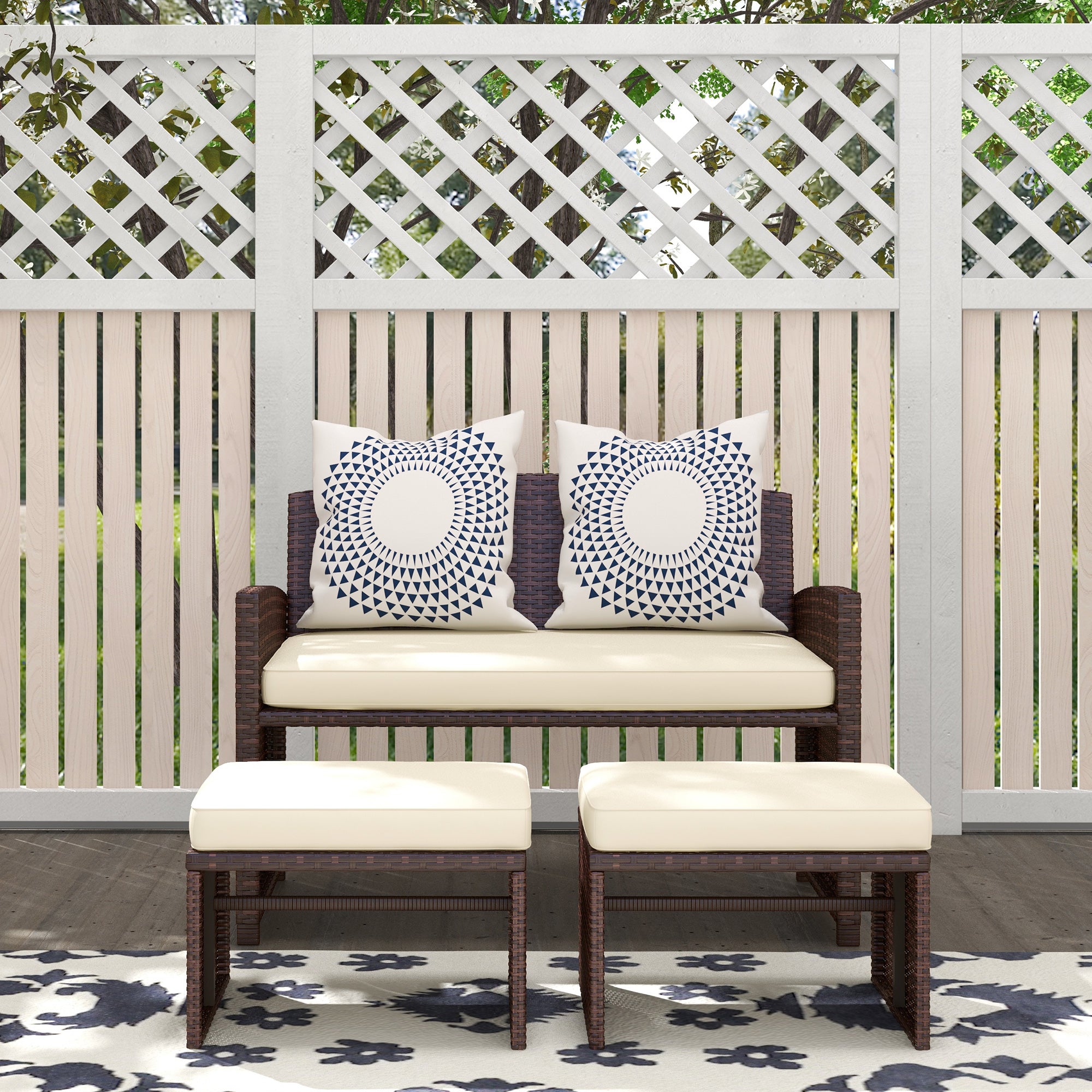 Outsunny 3 Pieces PE Rattan Patio Furniture with Cushions, Outdoor Wicker Conversation Sofa Sets w/ Footstools and Two Pillows, for Poolside, Backyard, Garden, Beige