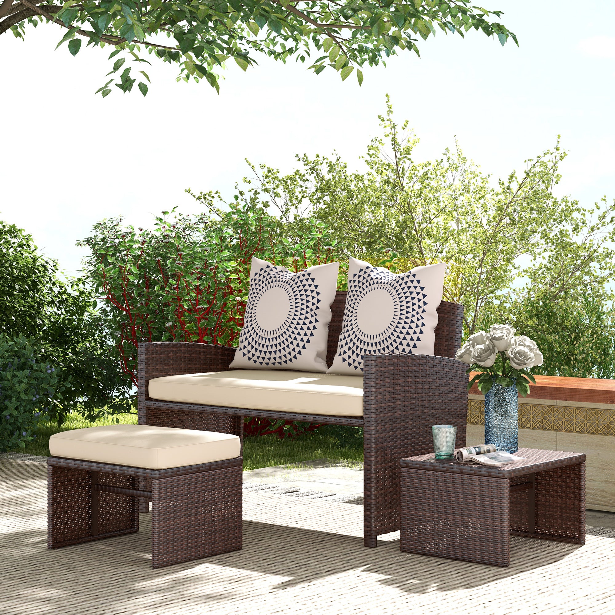 Outsunny 3 Pieces PE Rattan Patio Furniture with Cushions, Outdoor Wicker Conversation Sofa Sets w/ Footstools and Two Pillows, for Poolside, Backyard, Garden, Beige