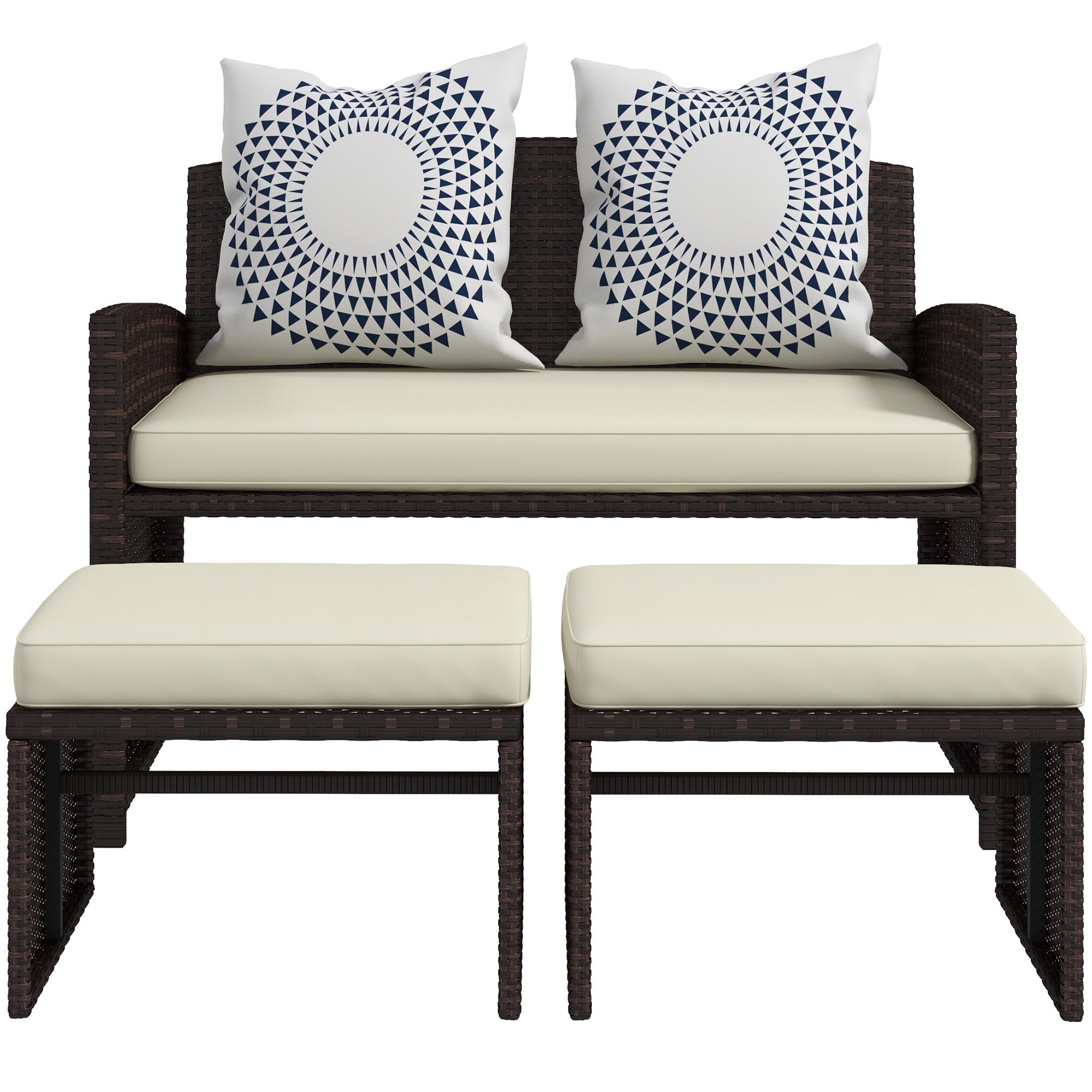 Outsunny 3 Pieces PE Rattan Patio Furniture with Cushions, Outdoor Wicker Conversation Sofa Sets w/ Footstools and Two Pillows, for Poolside, Backyard, Garden, Beige