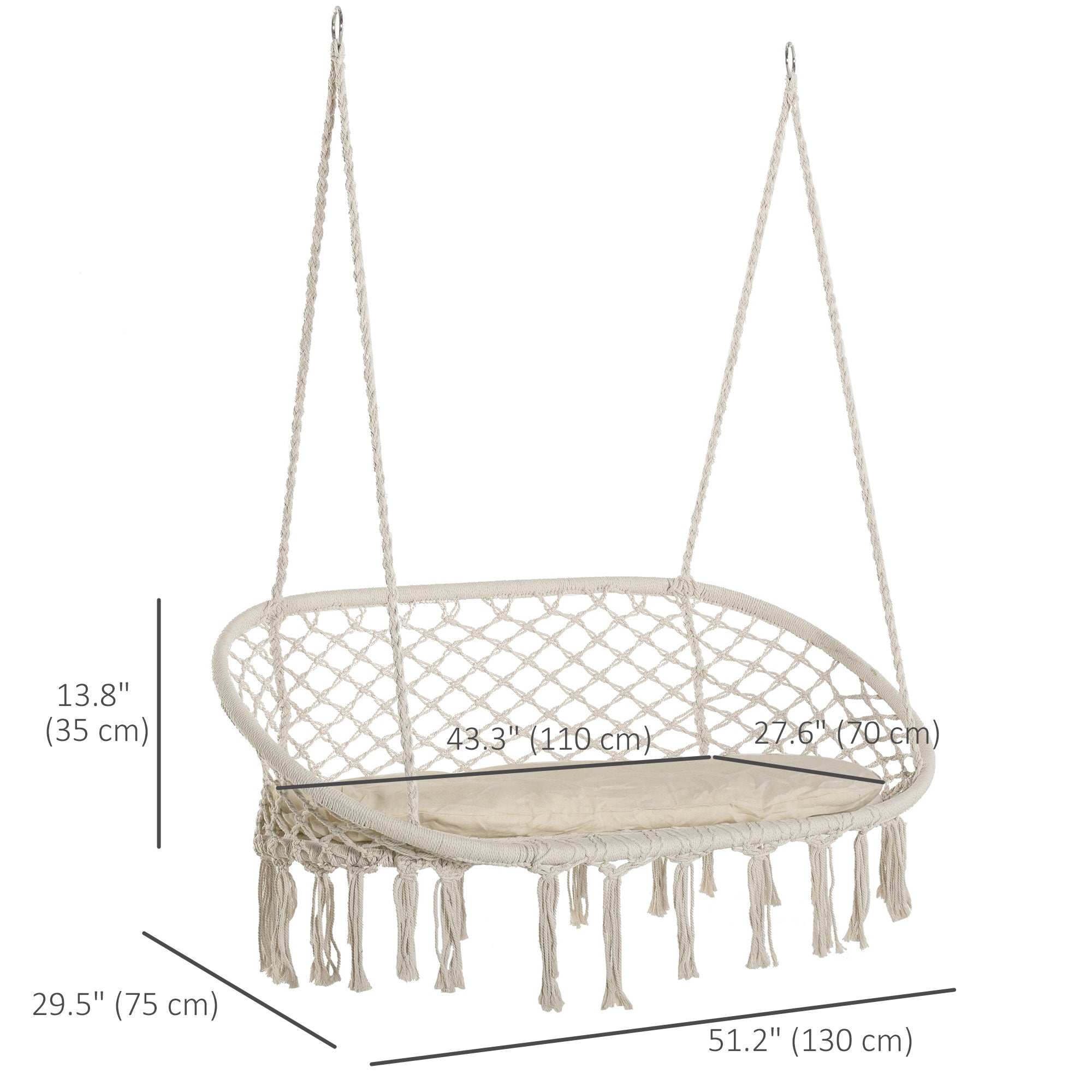 Outsunny Patio Hammock Chair 2 Seat, Hanging Rope Hammock Swing Chair with Metal Frame and Cushion, Large Macrame Seat for Indoor and Outdoor 396 lbs Capacity, Cream White