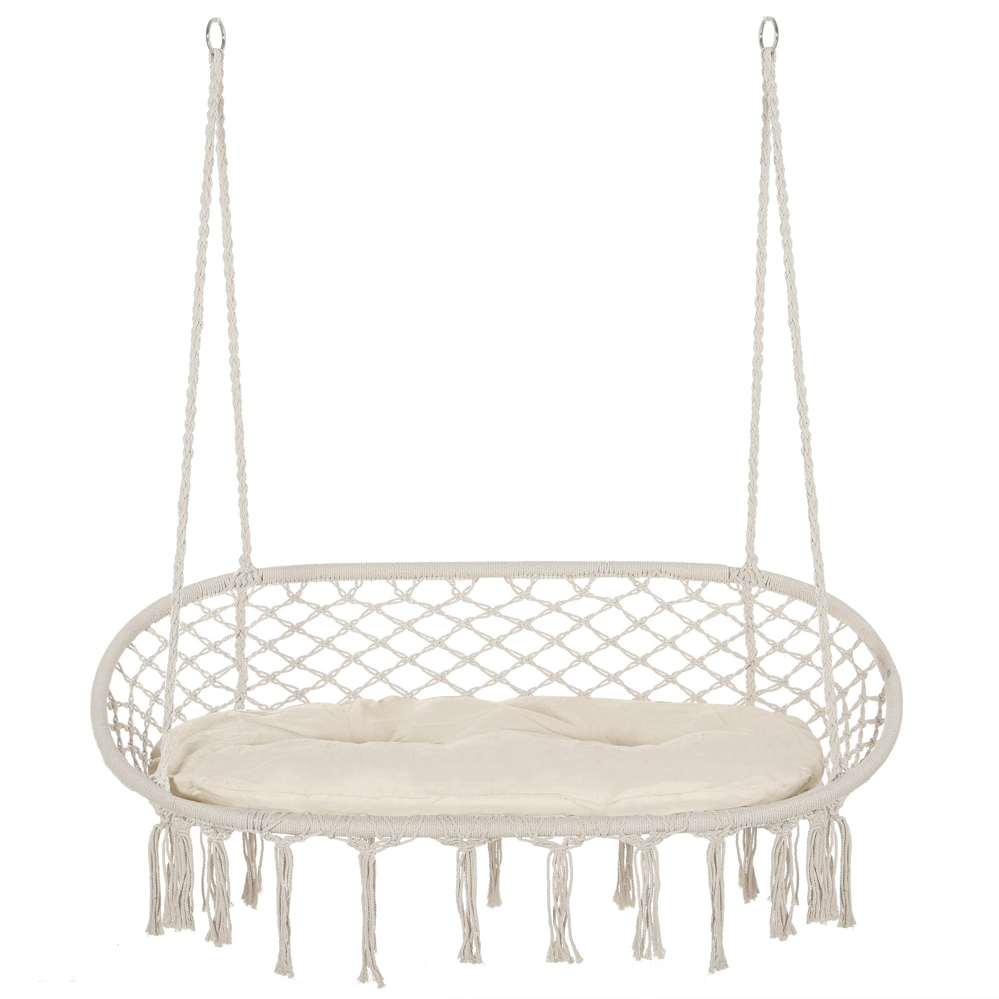Outsunny Patio Hammock Chair 2 Seat, Hanging Rope Hammock Swing Chair with Metal Frame and Cushion, Large Macrame Seat for Indoor and Outdoor 396 lbs Capacity, Cream White