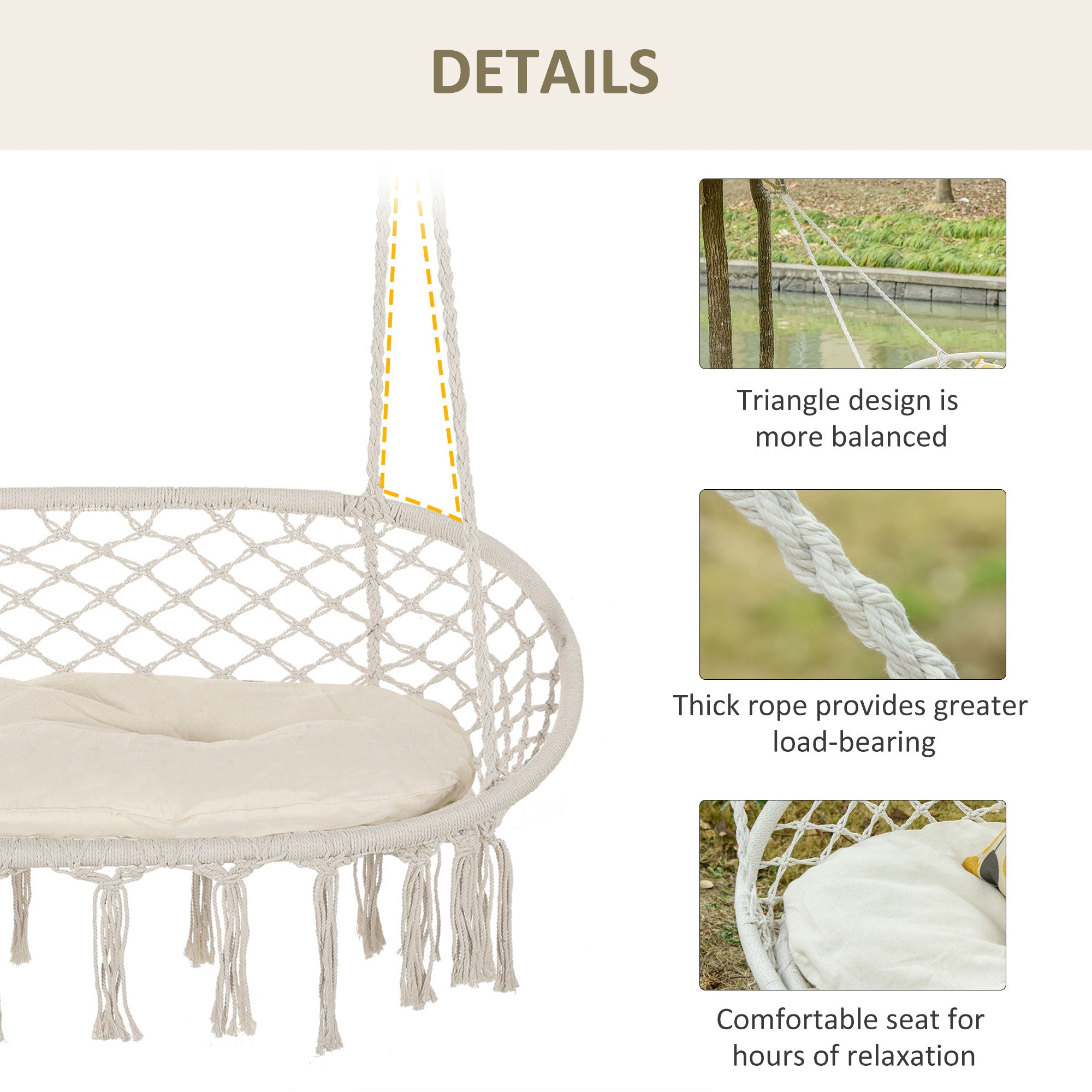 Outsunny Patio Hammock Chair 2 Seat, Hanging Rope Hammock Swing Chair with Metal Frame and Cushion, Large Macrame Seat for Indoor and Outdoor 396 lbs Capacity, Cream White