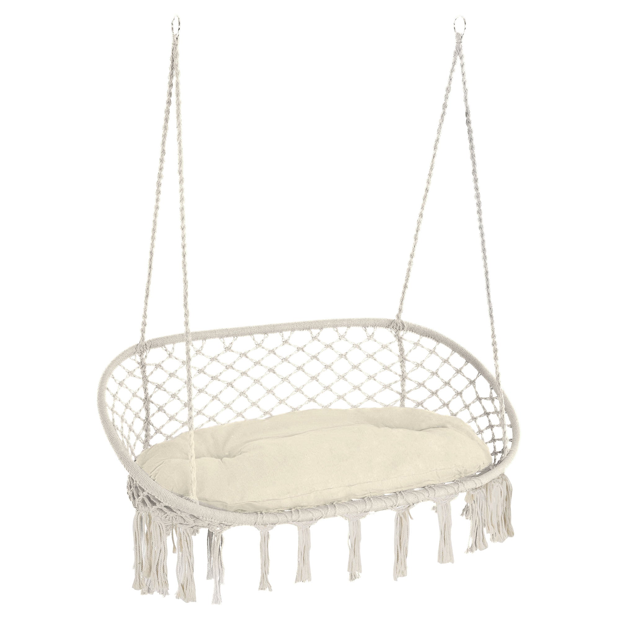 Outsunny Patio Hammock Chair 2 Seat, Hanging Rope Hammock Swing Chair with Metal Frame and Cushion, Large Macrame Seat for Indoor and Outdoor 396 lbs Capacity, Cream White