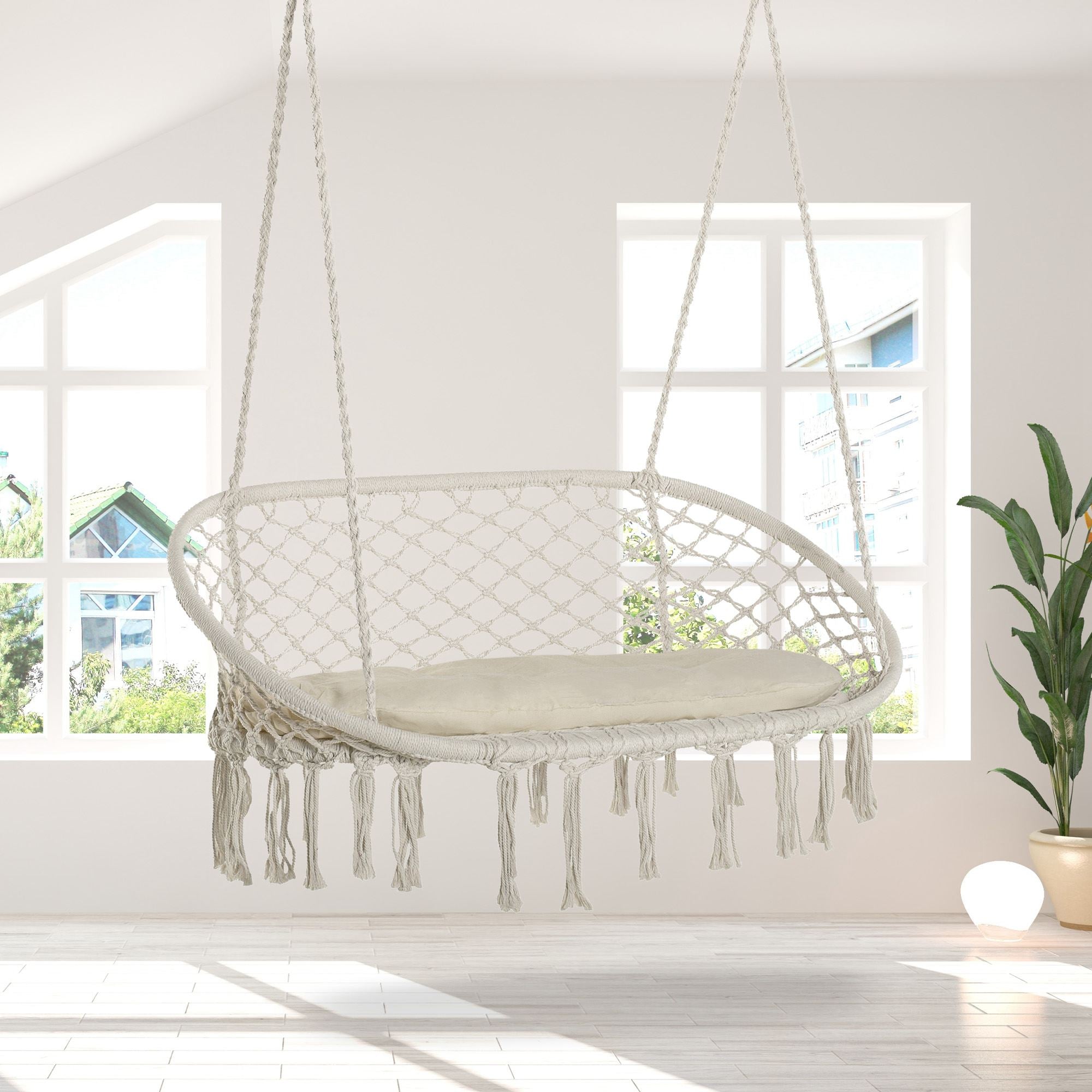 Outsunny Patio Hammock Chair 2 Seat, Hanging Rope Hammock Swing Chair with Metal Frame and Cushion, Large Macrame Seat for Indoor and Outdoor 396 lbs Capacity, Cream White