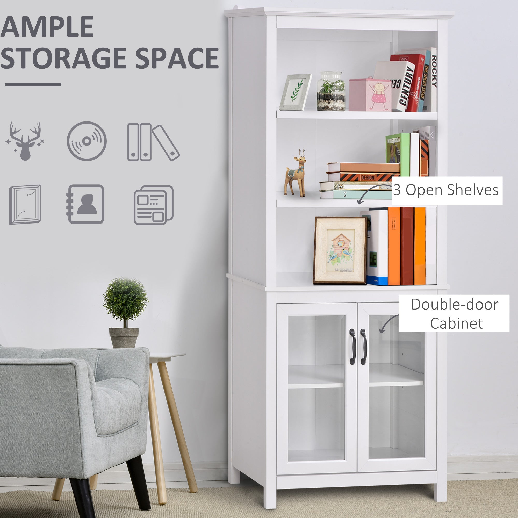 HOMCOM 3-Tier Multifunctional Bookcase, Storage Bookshelf, Display Shelves with Glass Doors, Open Compartments and Adjustable Shelves for Home Office, Living Room, Study, White