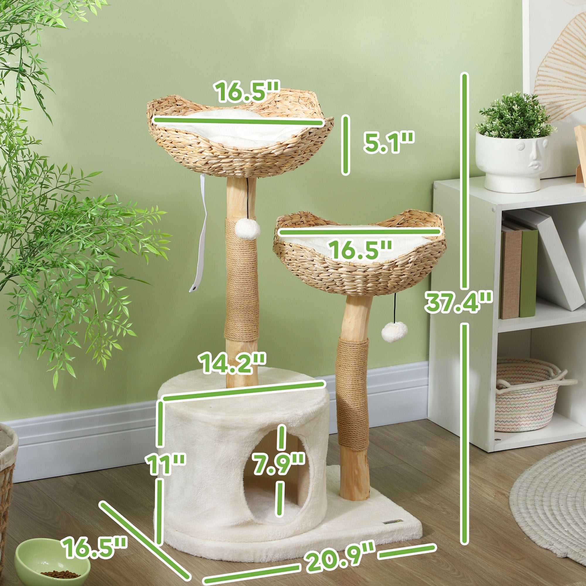 PawHut Cat Tree, 37" Cat Tower for Indoor Cats, Modern Cat Tree with Wooden Scratching Posts, Cat Condo, Cat Beds, Toy Balls, Washable Cushions, Anti-Tip Kit, Tree for Kittens & Adult Cats