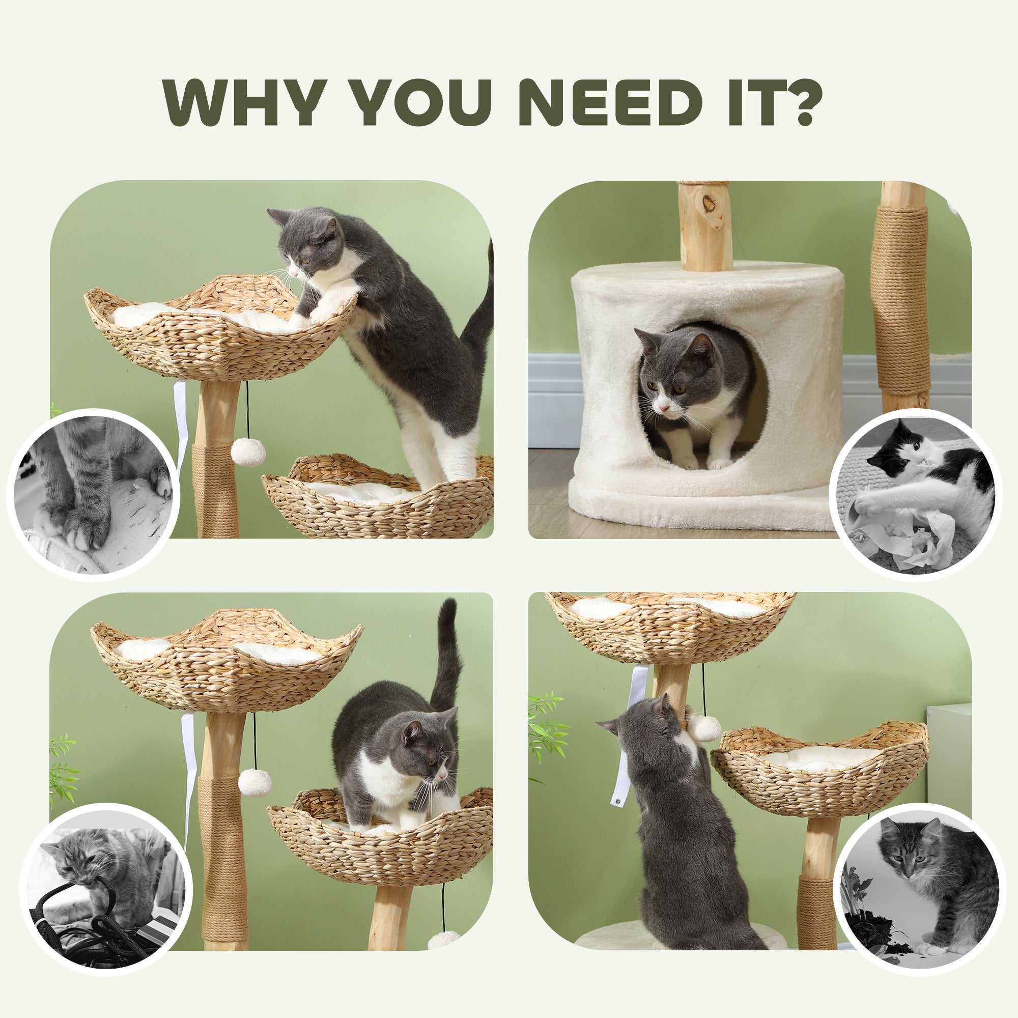 PawHut Cat Tree, 37" Cat Tower for Indoor Cats, Modern Cat Tree with Wooden Scratching Posts, Cat Condo, Cat Beds, Toy Balls, Washable Cushions, Anti-Tip Kit, Tree for Kittens & Adult Cats