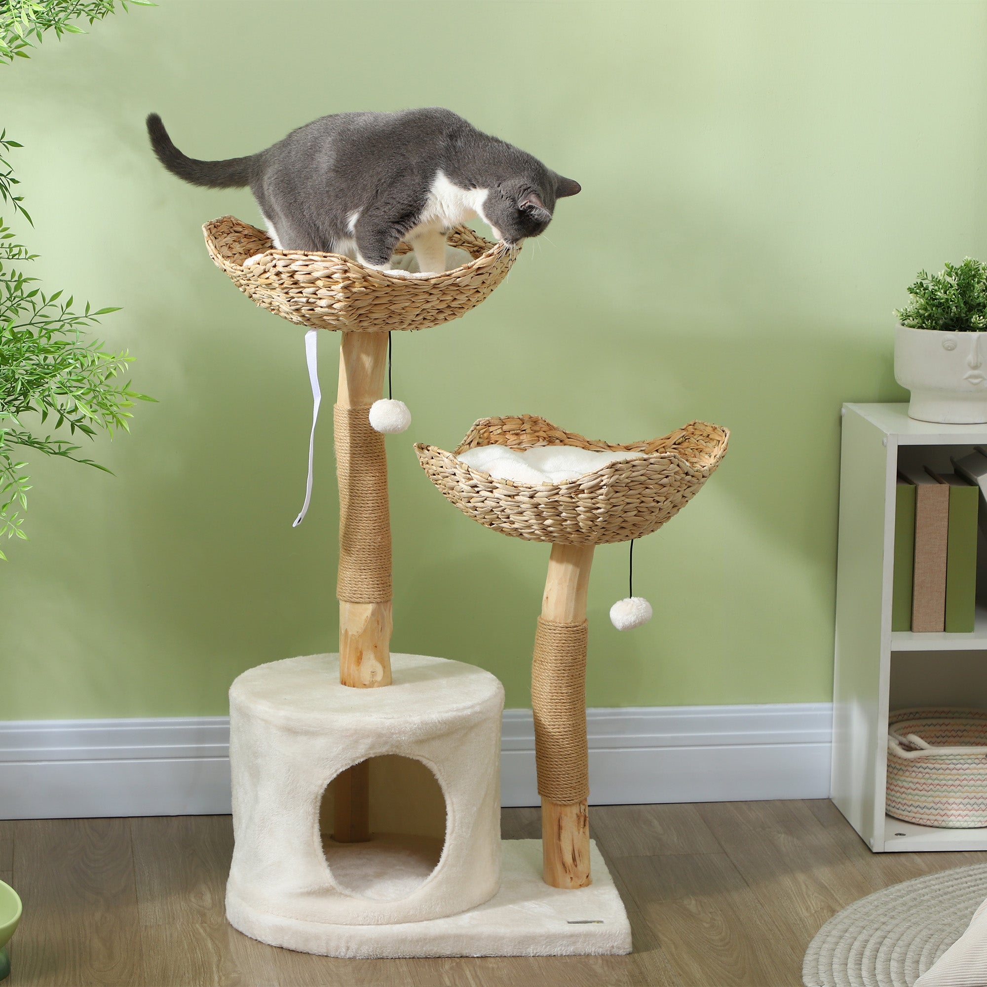 PawHut Cat Tree, 37" Cat Tower for Indoor Cats, Modern Cat Tree with Wooden Scratching Posts, Cat Condo, Cat Beds, Toy Balls, Washable Cushions, Anti-Tip Kit, Tree for Kittens & Adult Cats