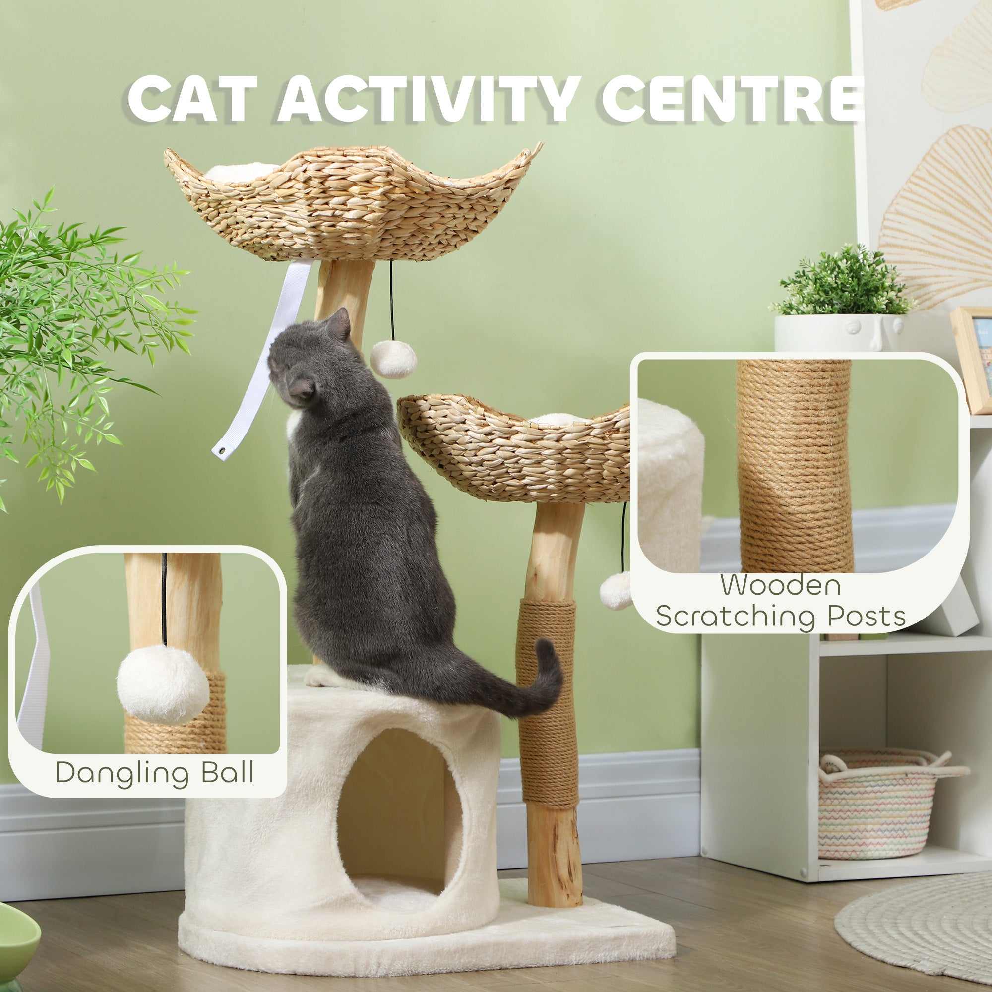 PawHut Cat Tree, 37" Cat Tower for Indoor Cats, Modern Cat Tree with Wooden Scratching Posts, Cat Condo, Cat Beds, Toy Balls, Washable Cushions, Anti-Tip Kit, Tree for Kittens & Adult Cats