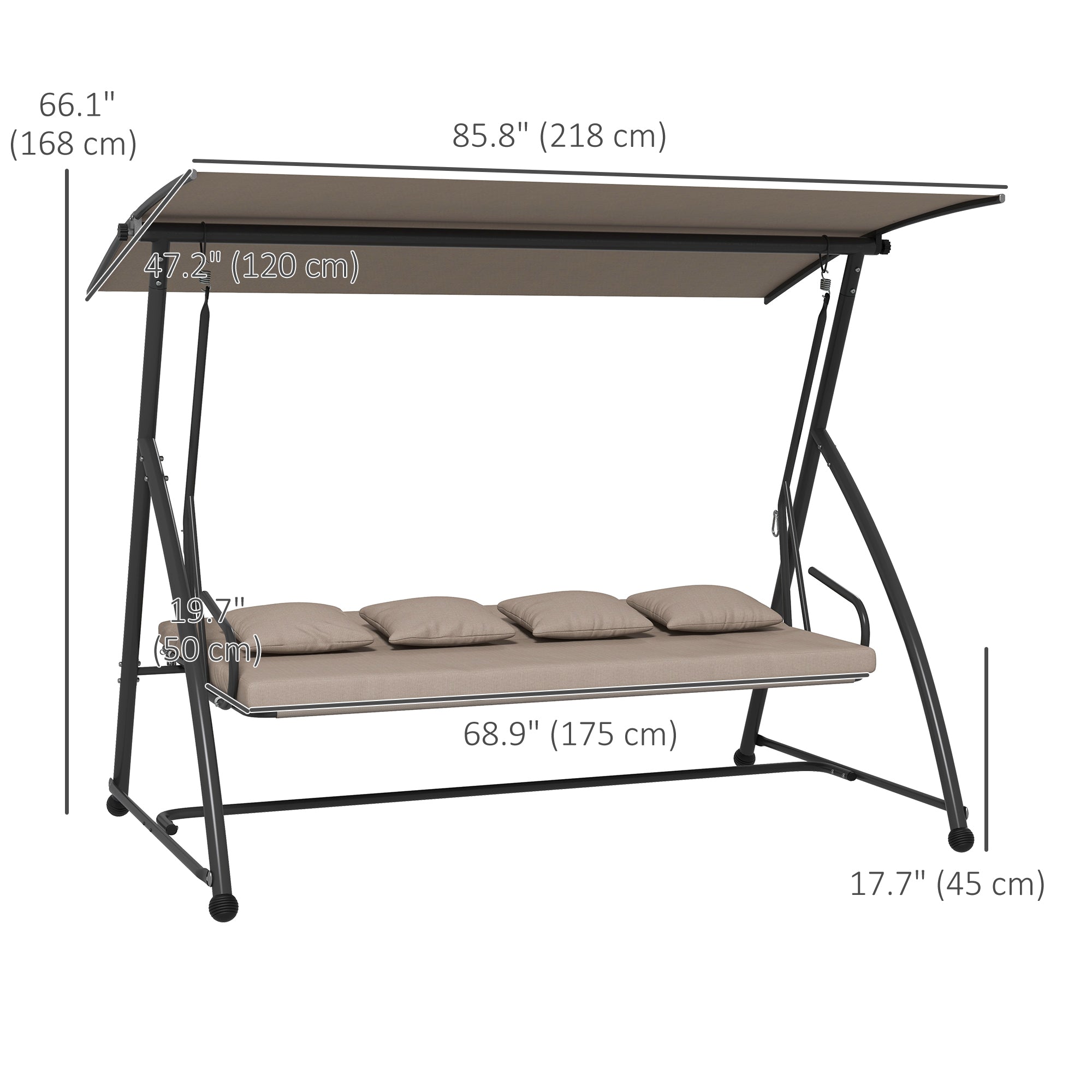 Outsunny 3-Seat Outdoor Patio Swing Chair, Converting Flat Bed, Canopy Swing Glider with Adjustable Shade, Removable Cushions for Porch, Garden, Poolside, Backyard, Light Brown