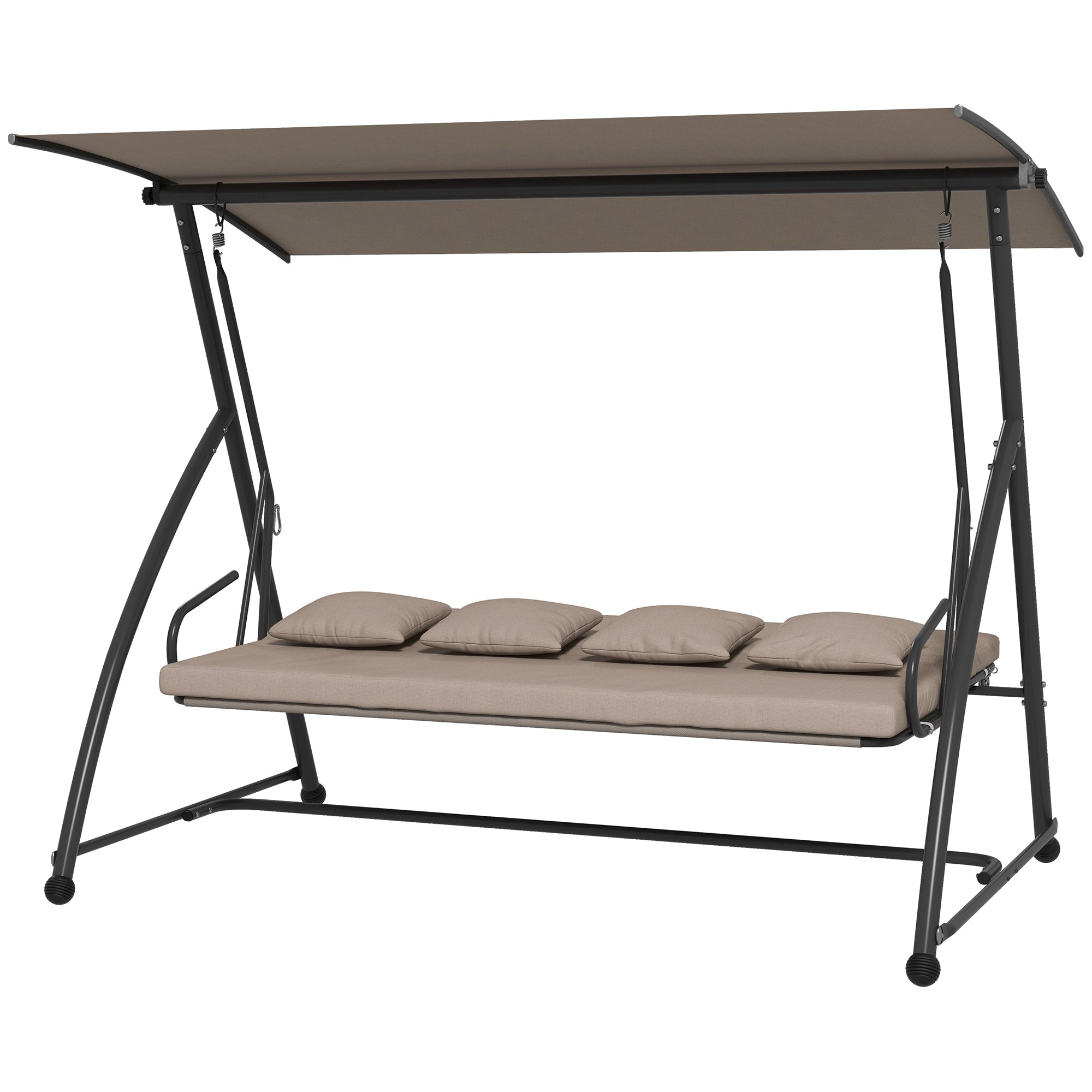 Outsunny 3-Seat Outdoor Patio Swing Chair, Converting Flat Bed, Canopy Swing Glider with Adjustable Shade, Removable Cushions for Porch, Garden, Poolside, Backyard, Light Brown