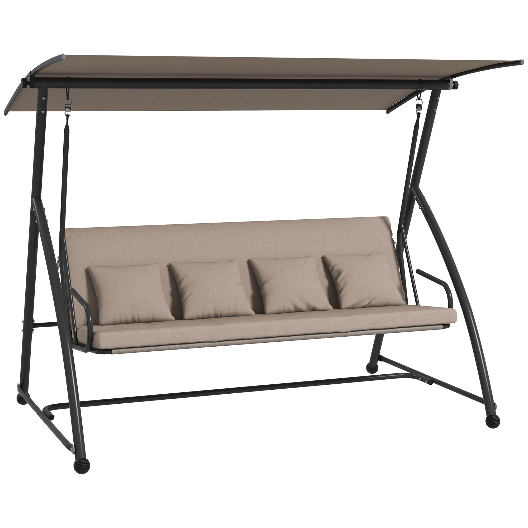 Outsunny 3-Seat Outdoor Patio Swing Chair, Converting Flat Bed, Canopy Swing Glider with Adjustable Shade, Removable Cushions for Porch, Garden, Poolside, Backyard, Light Brown