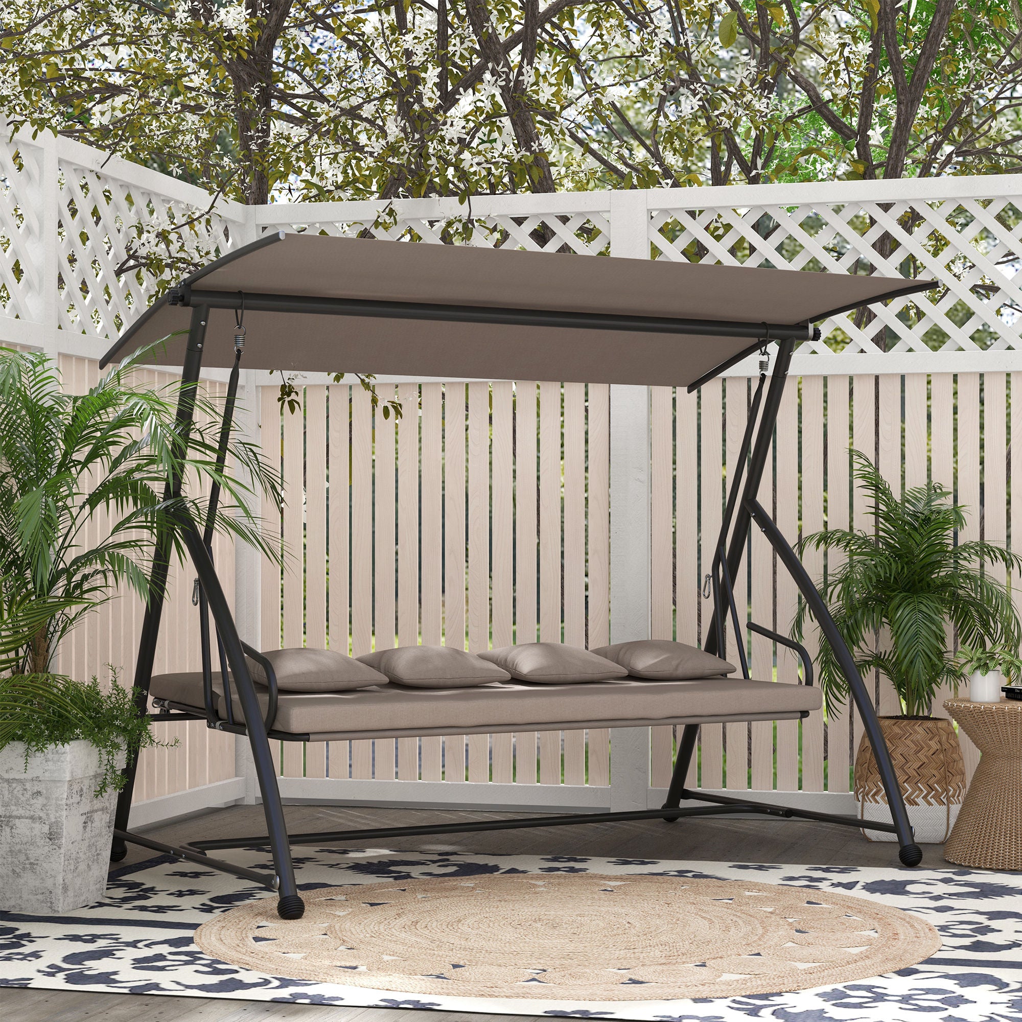 Outsunny 3-Seat Outdoor Patio Swing Chair, Converting Flat Bed, Canopy Swing Glider with Adjustable Shade, Removable Cushions for Porch, Garden, Poolside, Backyard, Light Brown