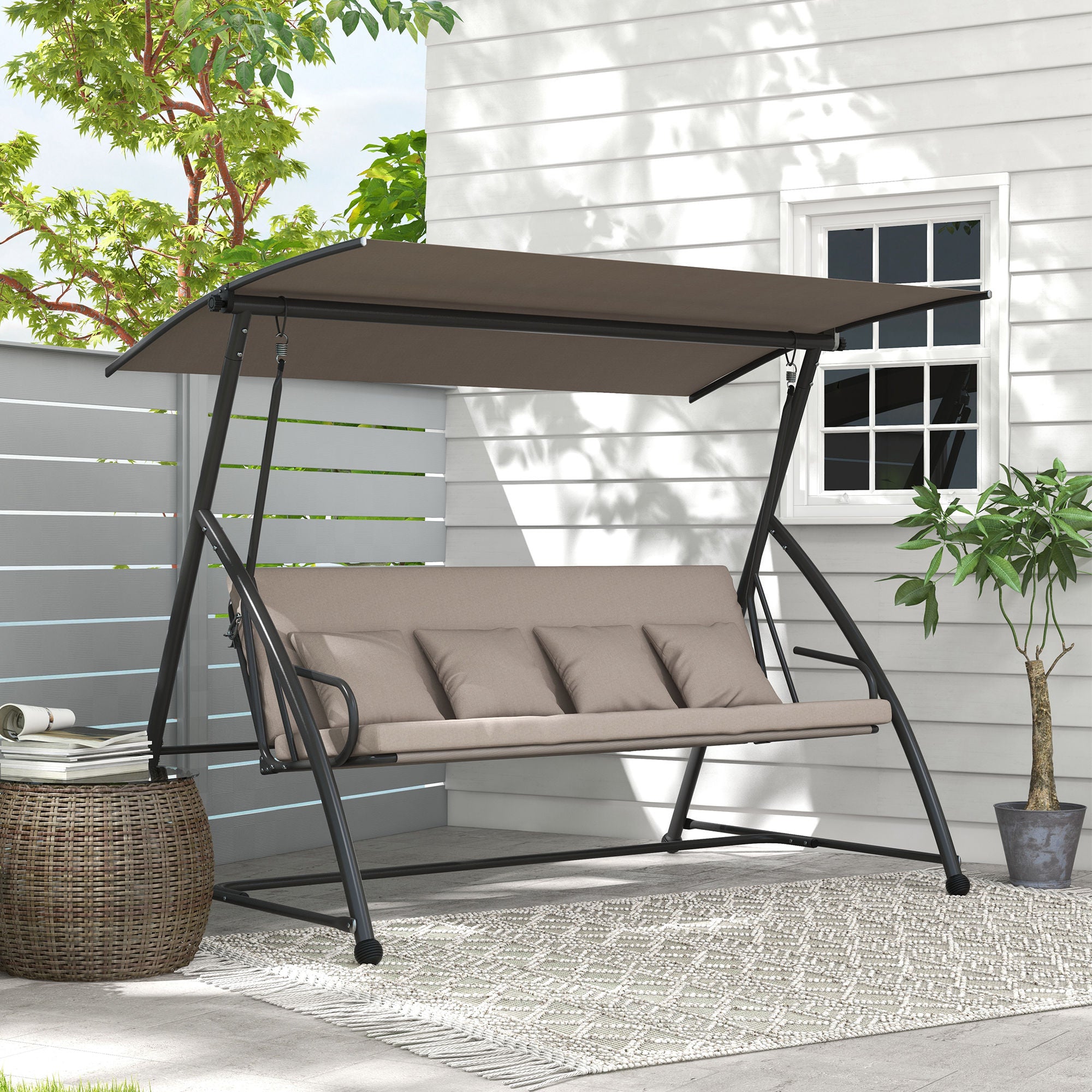 Outsunny 3-Seat Outdoor Patio Swing Chair, Converting Flat Bed, Canopy Swing Glider with Adjustable Shade, Removable Cushions for Porch, Garden, Poolside, Backyard, Light Brown