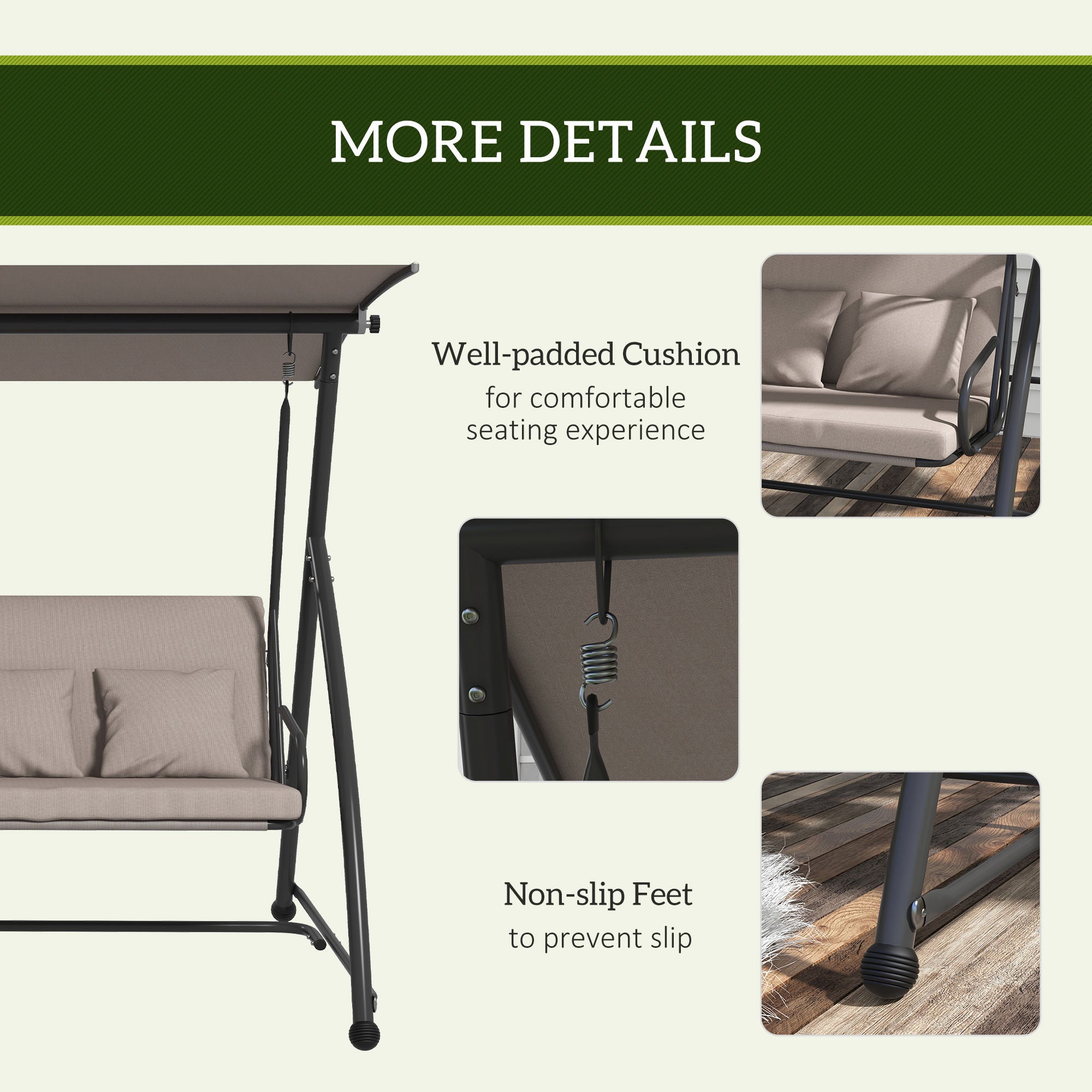 Outsunny 3-Seat Outdoor Patio Swing Chair, Converting Flat Bed, Canopy Swing Glider with Adjustable Shade, Removable Cushions for Porch, Garden, Poolside, Backyard, Light Brown