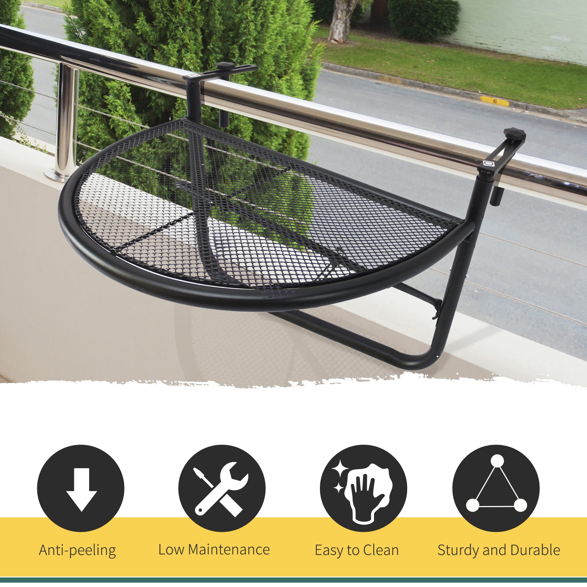 Outsunny Adjustable Balcony Hanging Railing Table, Metal Mounting Mini Wall Desk Storage Rack, Outdoor Flower Stand Serving Table Half Round, Black