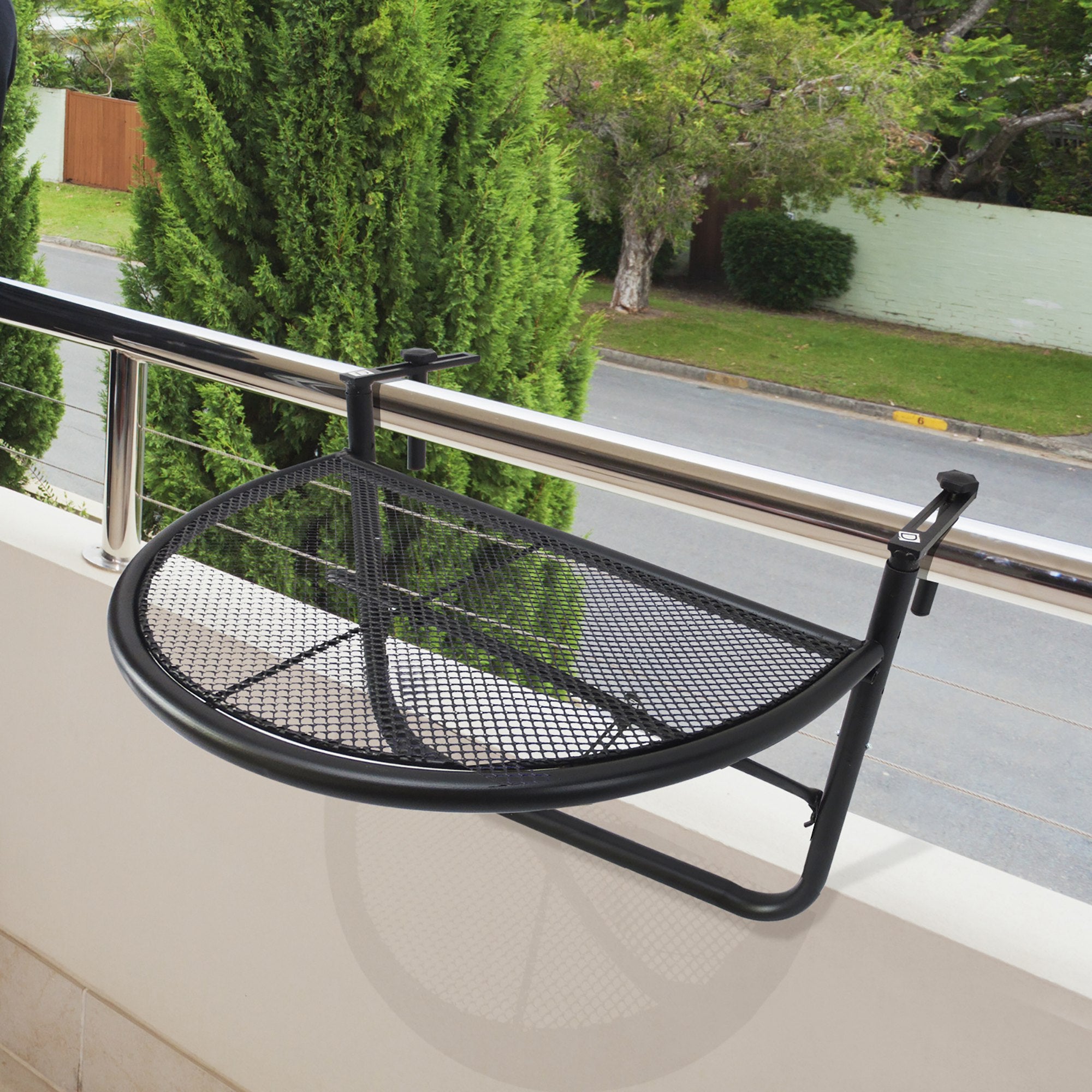 Outsunny Adjustable Balcony Hanging Railing Table, Metal Mounting Mini Wall Desk Storage Rack, Outdoor Flower Stand Serving Table Half Round, Black
