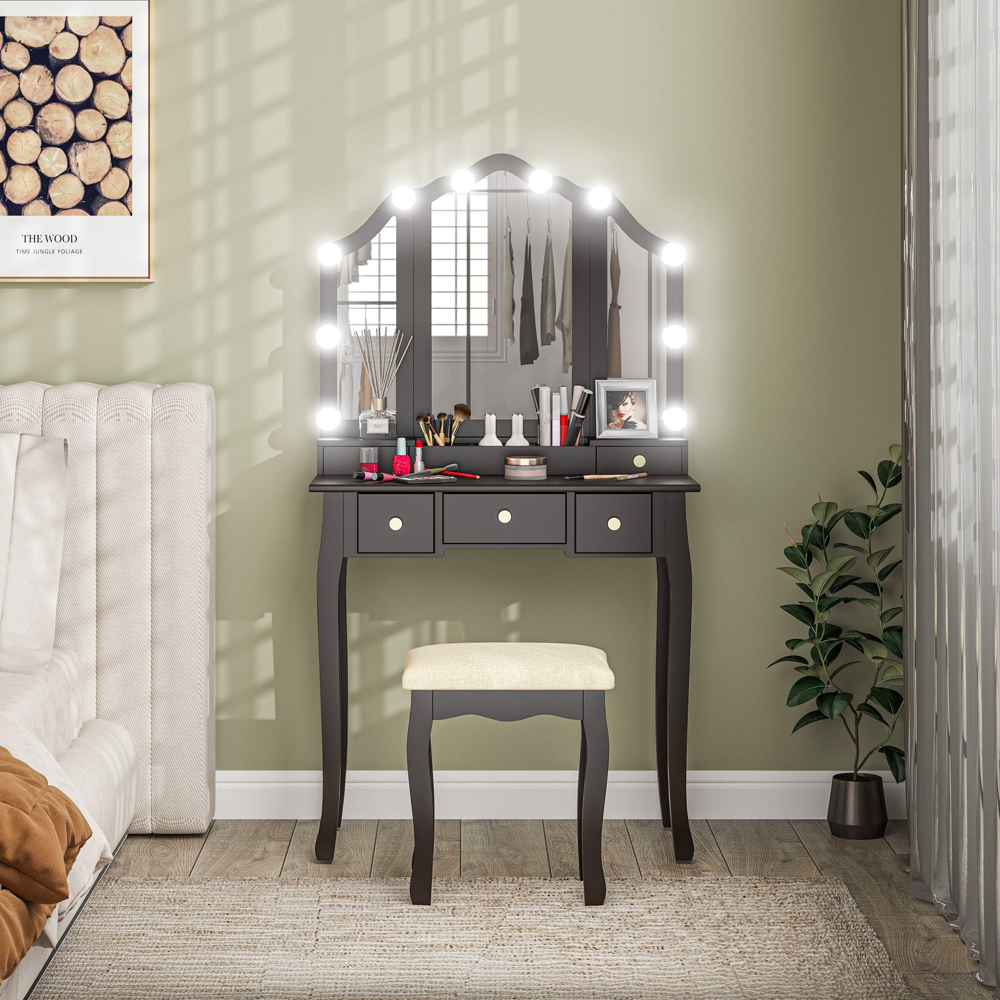 HOMCOM Vanity Set with Mirror and Stool, Makeup Vanity Desk with 10 LED Lights, 2 Lighting Modes and Adjustable Brightness, Dressing Table with 5 Drawers and 3 Compartments, Black